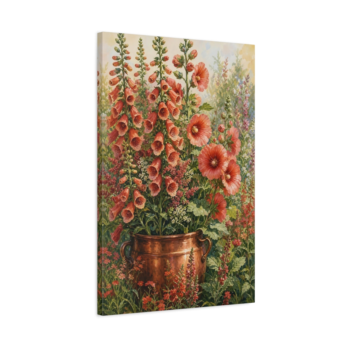Side Mockup 2. Floral Foxgloves Coral Floral shown as stretched canvas wall art
