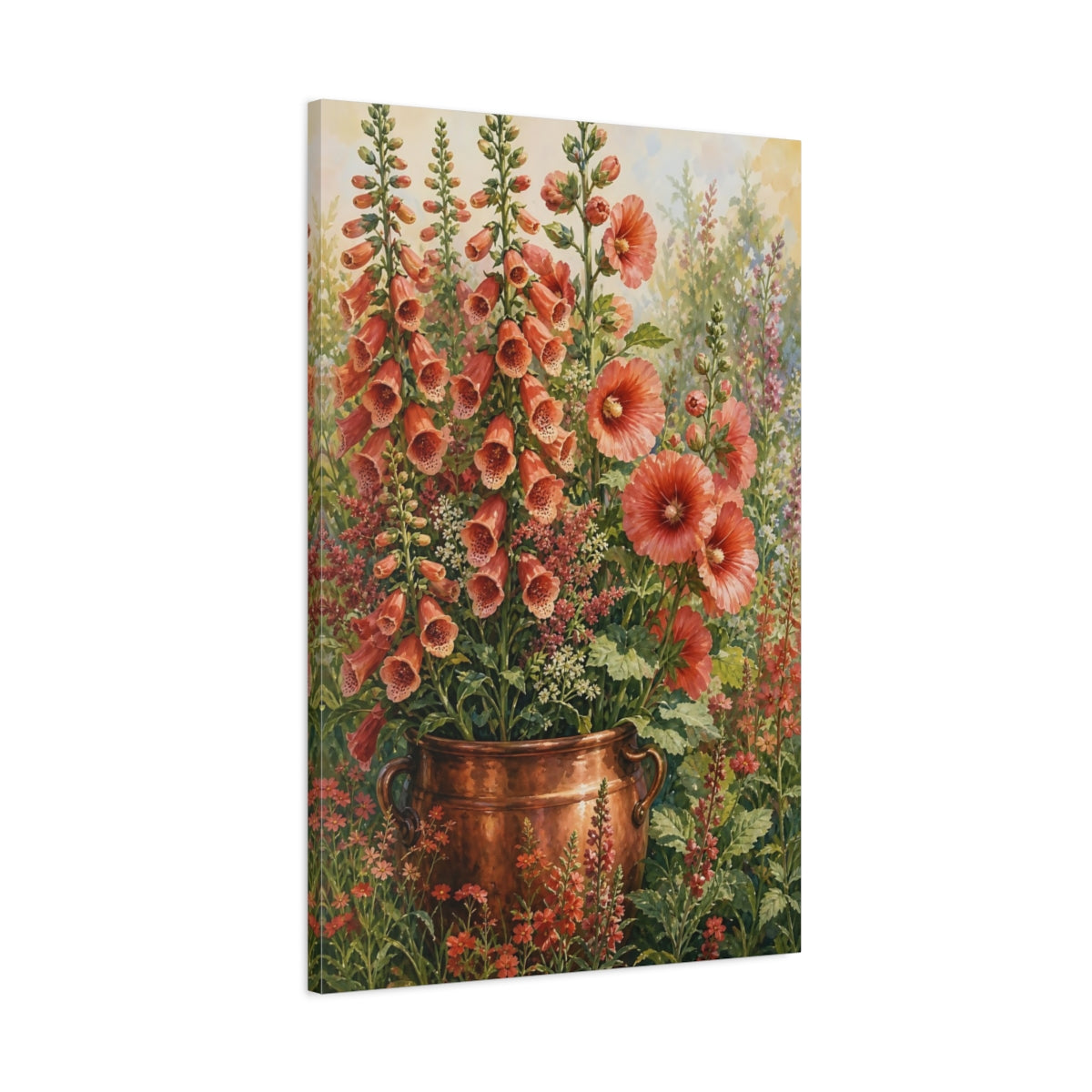 Main Mockup. Floral Foxgloves Coral Floral shown as stretched canvas wall art