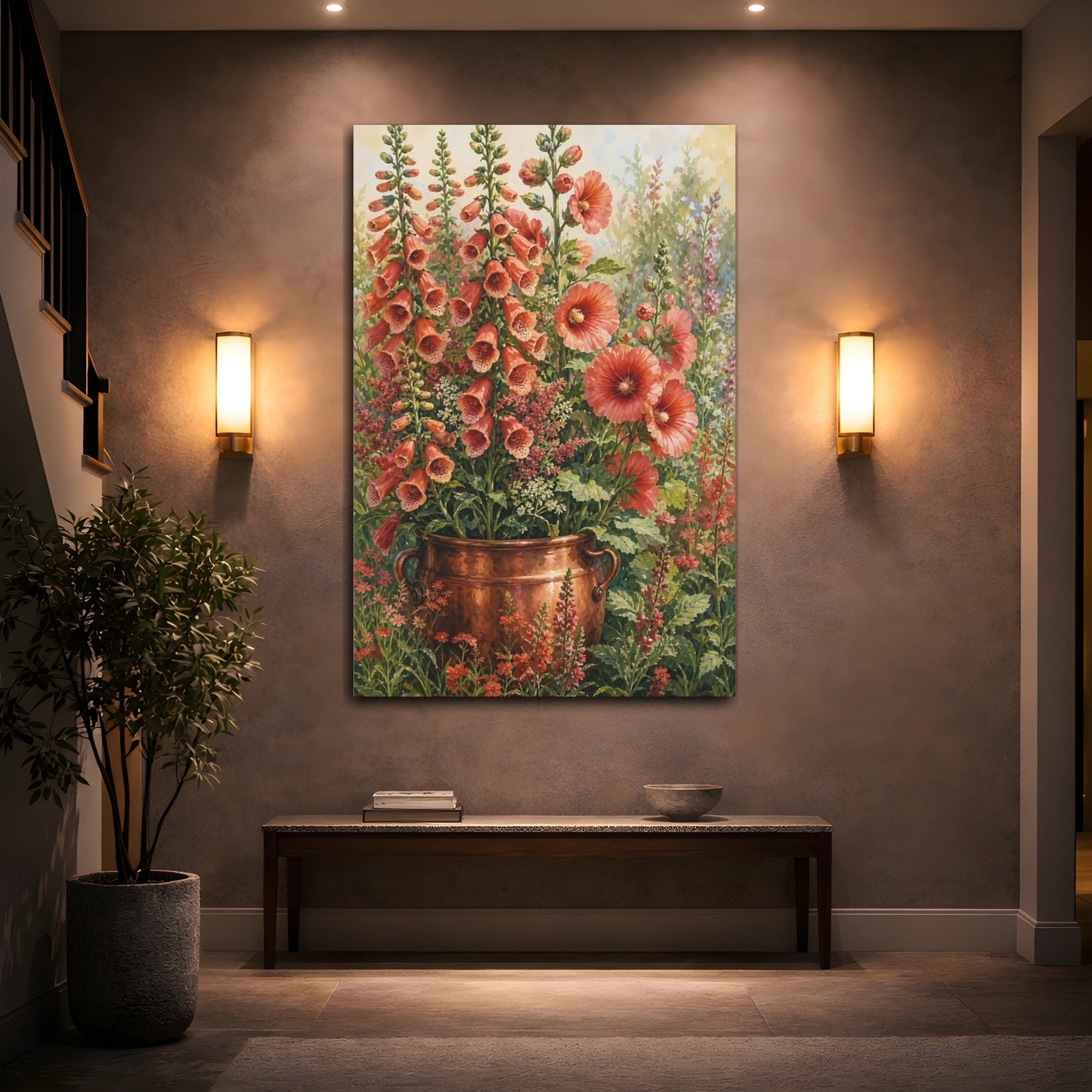 Mockup 2. Floral Foxgloves Coral Floral shown as stretched canvas wall art