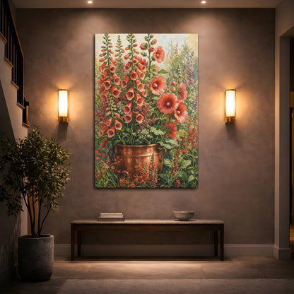 Mockup 2. Floral Foxgloves Coral Floral shown as stretched canvas wall art