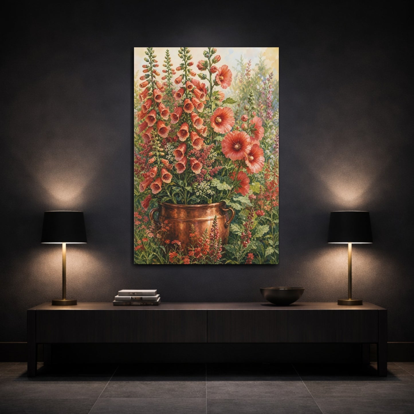 Mockup 3. Floral Foxgloves Coral Floral shown as stretched canvas wall art