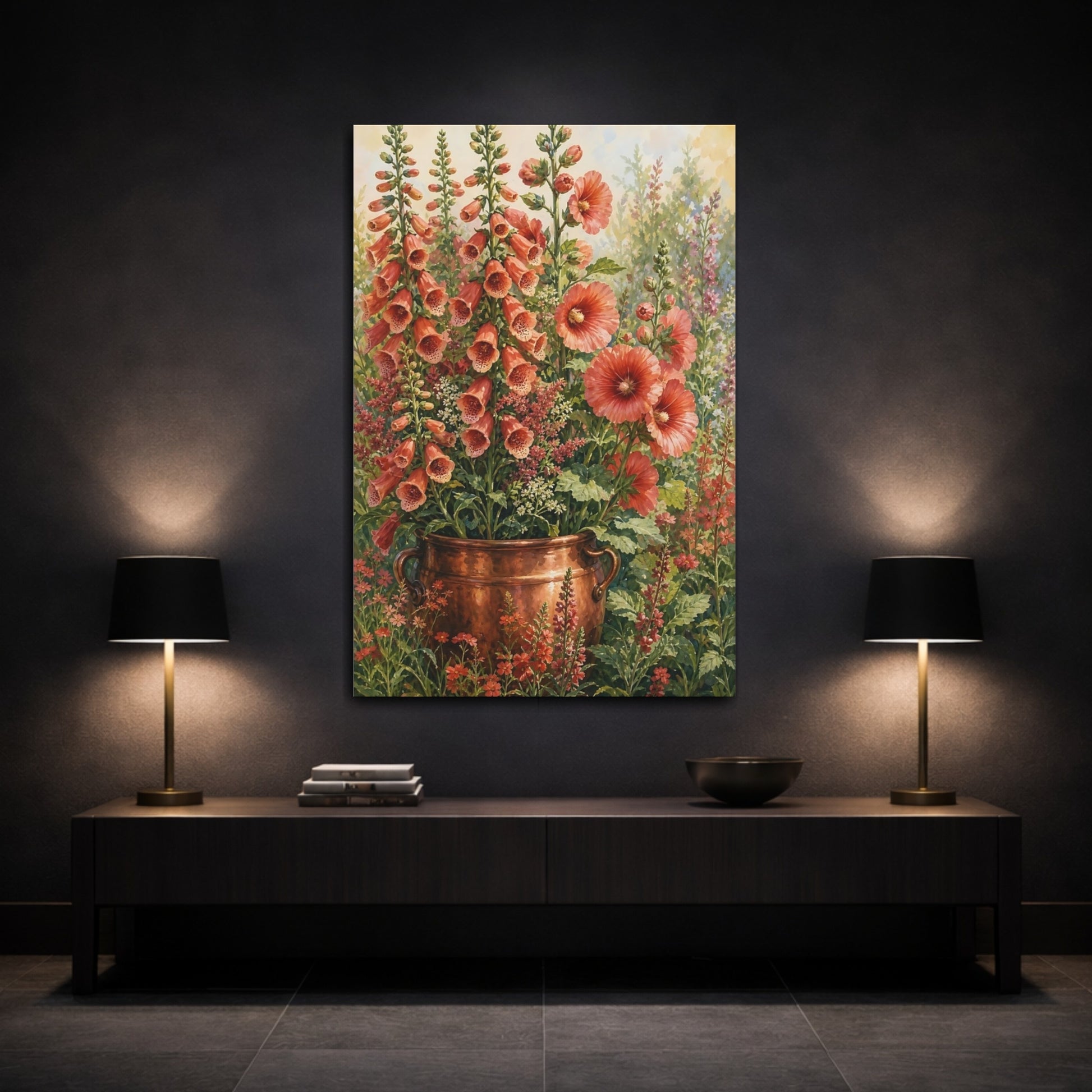 Mockup 3. Floral Foxgloves Coral Floral shown as stretched canvas wall art