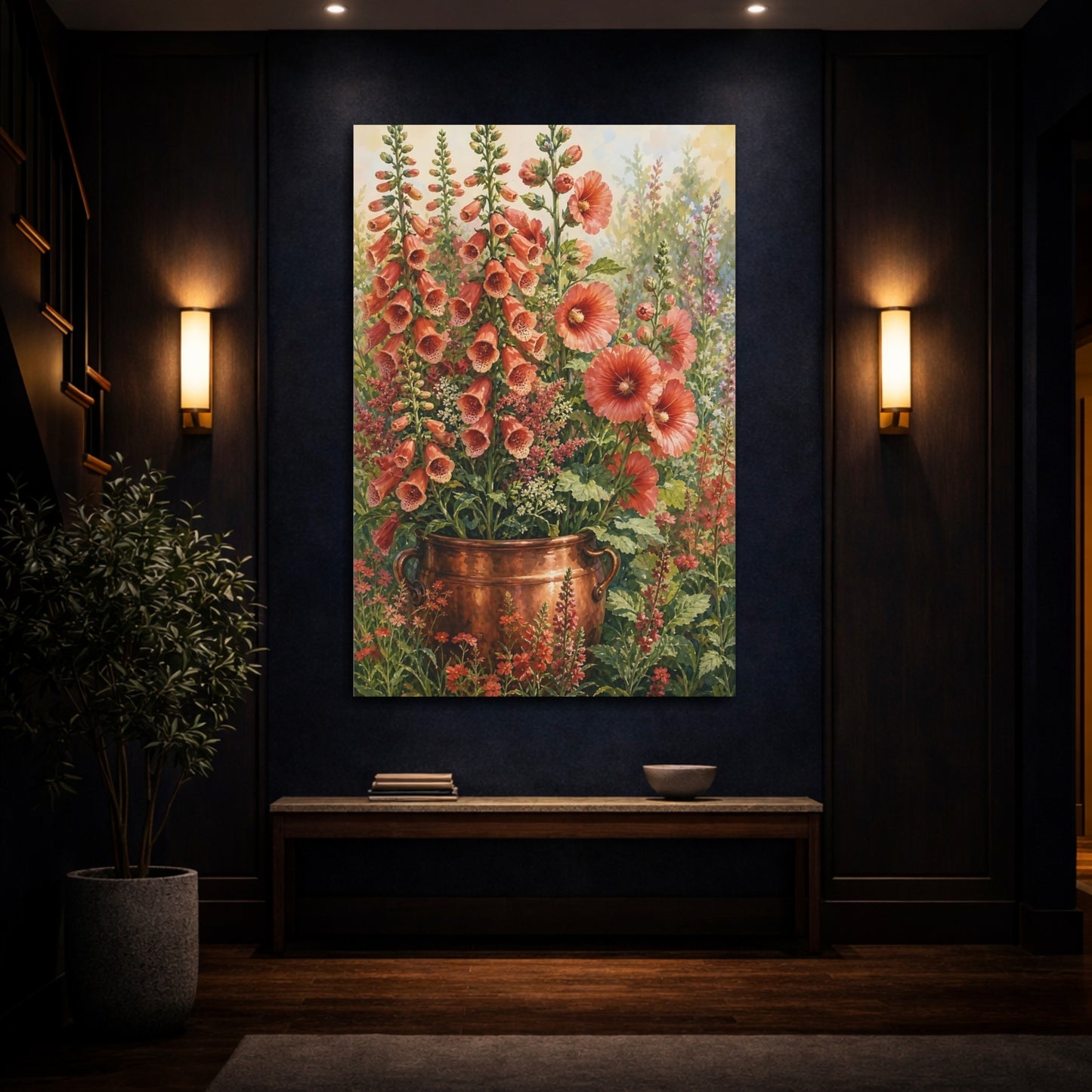 Mockup 4. Floral Foxgloves Coral Floral shown as stretched canvas wall art