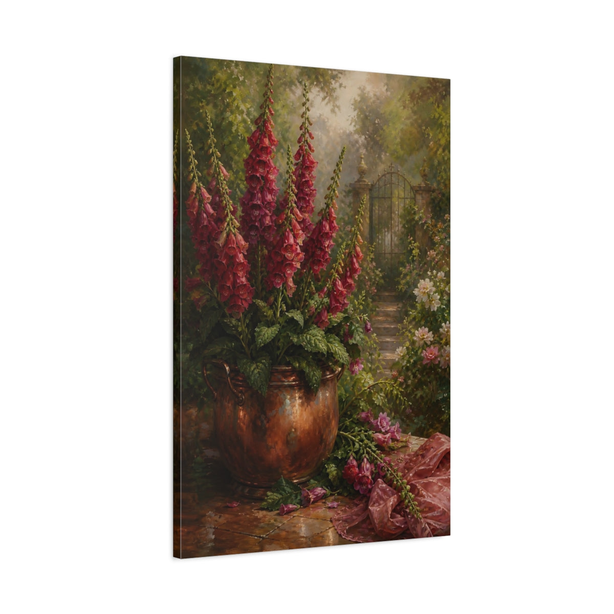 Main Mockup. Floral Foxgloves Red Foxglove Garden shown as stretched canvas wall art