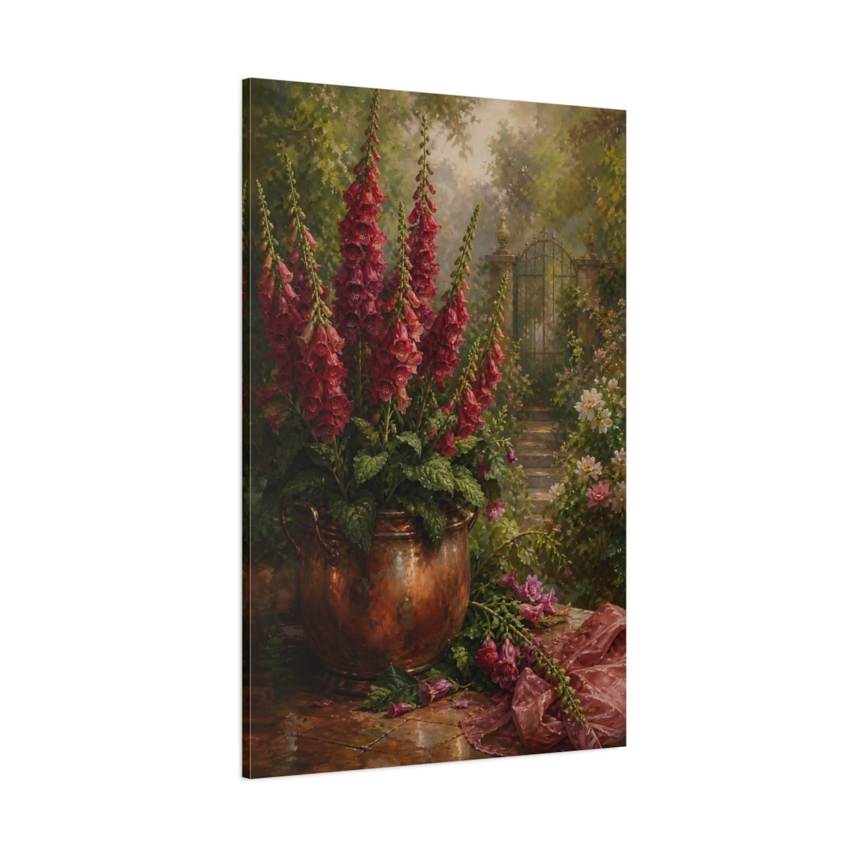 Side Mockup 1. Floral Foxgloves Red Foxglove Garden shown as stretched canvas wall art