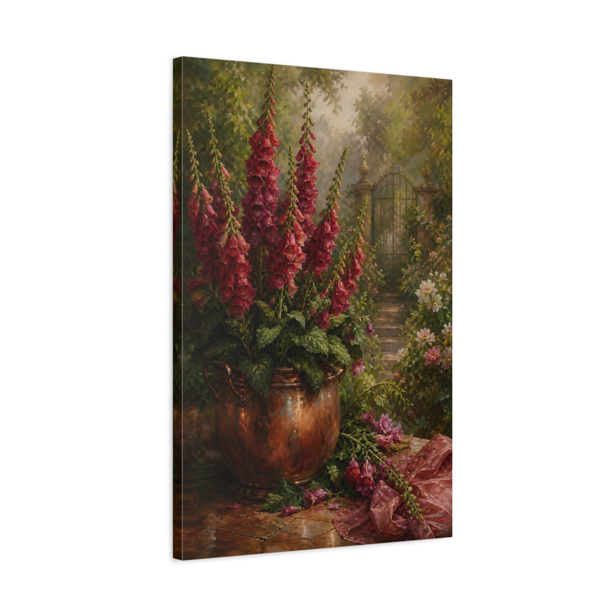 Side Mockup 2. Floral Foxgloves Red Foxglove Garden shown as stretched canvas wall art