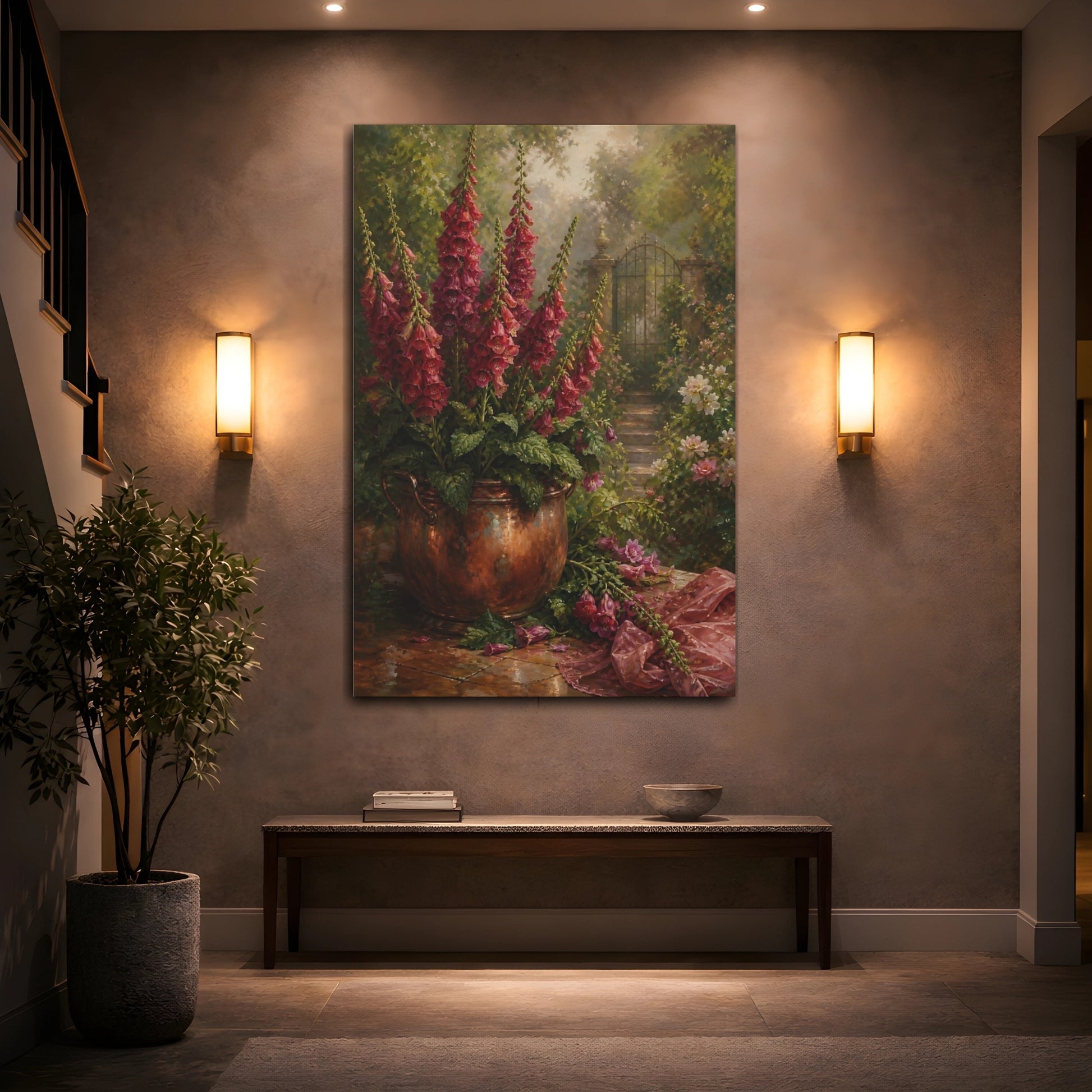 Mockup 2. Floral Foxgloves Red Foxglove Garden shown as stretched canvas wall art