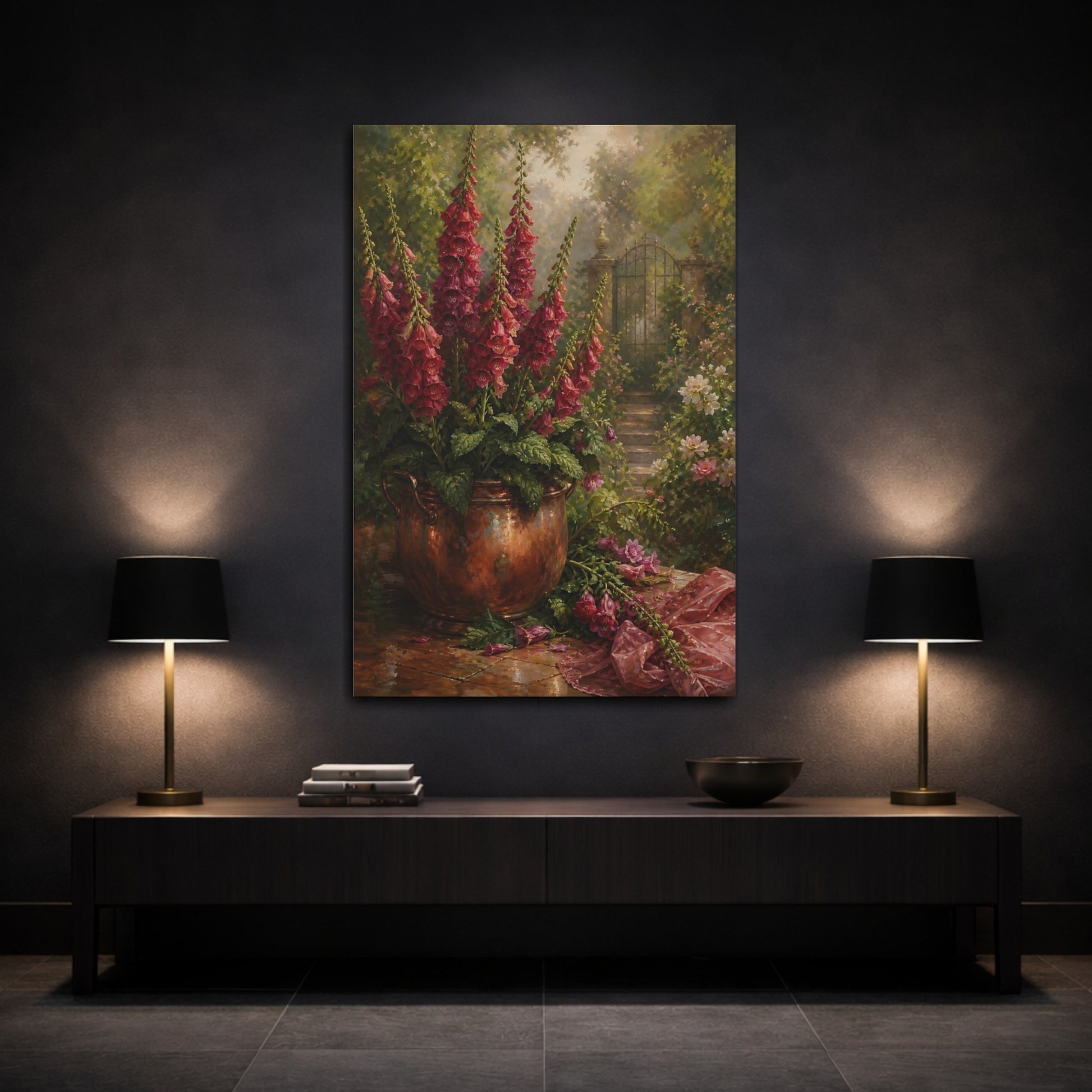 Mockup 3. Floral Foxgloves Red Foxglove Garden shown as stretched canvas wall art
