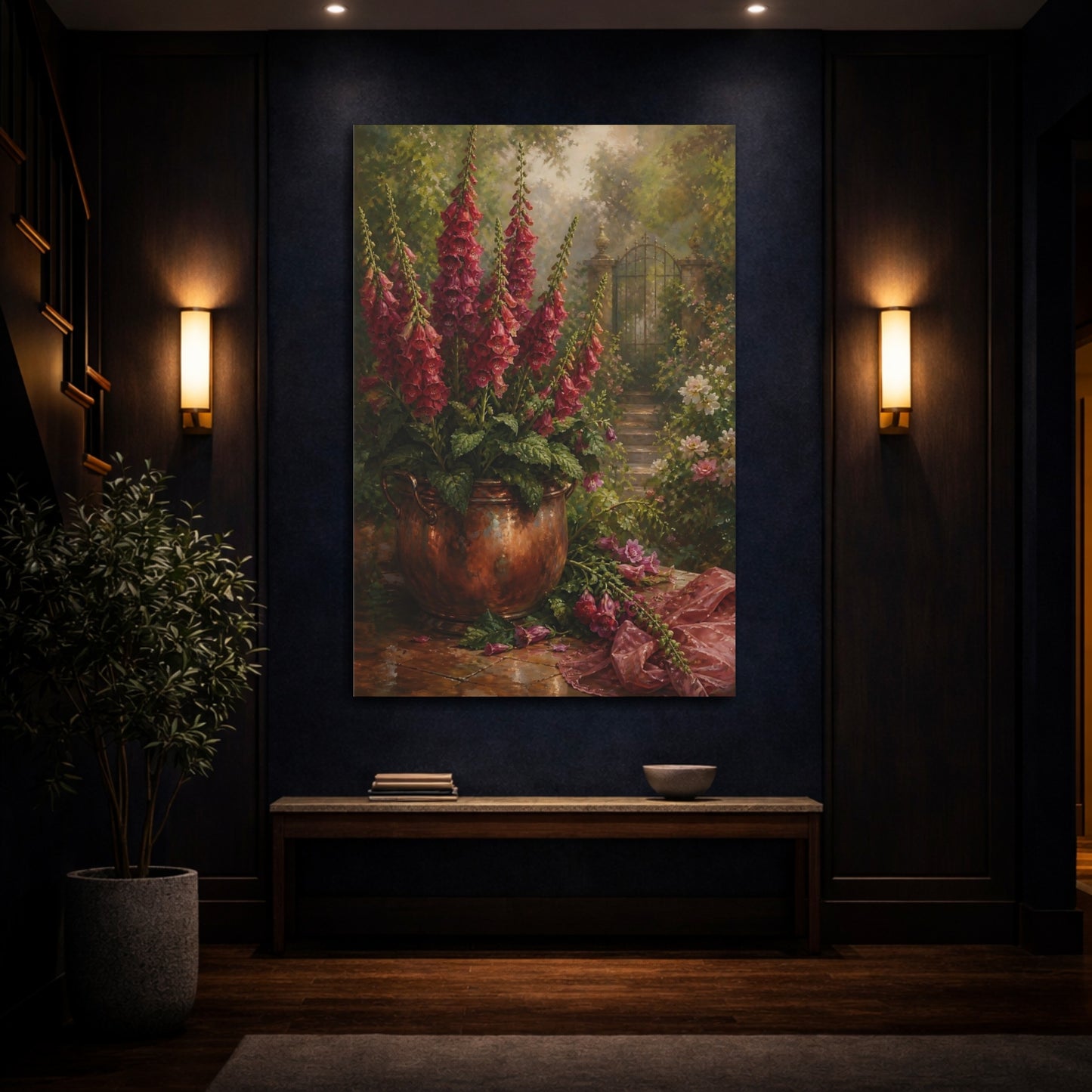 Mockup 4. Floral Foxgloves Red Foxglove Garden shown as stretched canvas wall art