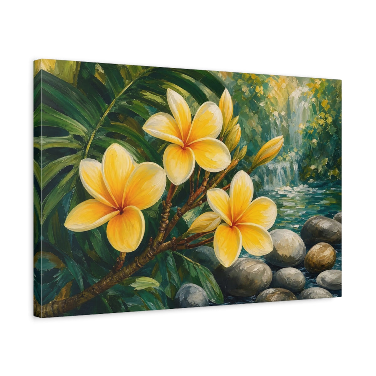 Side Mockup 3. Floral Frangipani Flowers Yellow Floral shown as stretched canvas wall art
