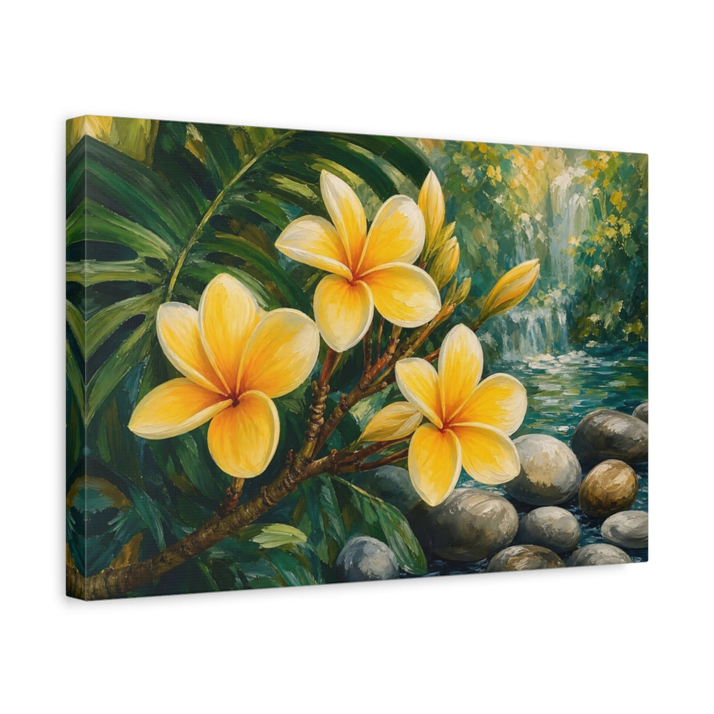 Side Mockup 4. Floral Frangipani Flowers Yellow Floral shown as stretched canvas wall art