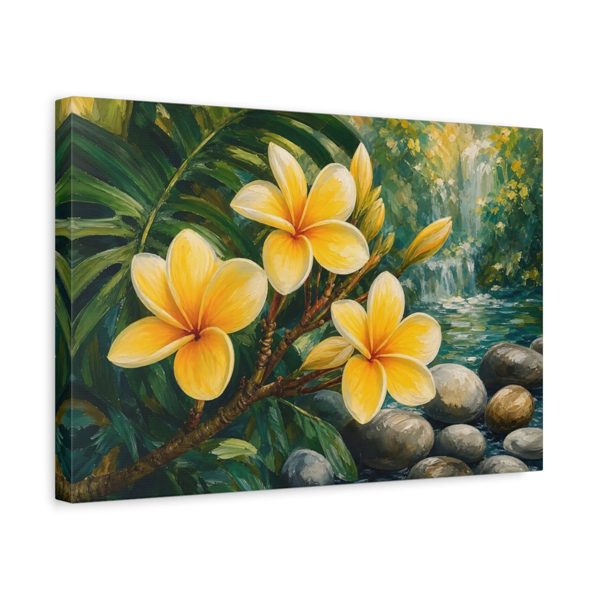 Side Mockup 4. Floral Frangipani Flowers Yellow Floral shown as stretched canvas wall art