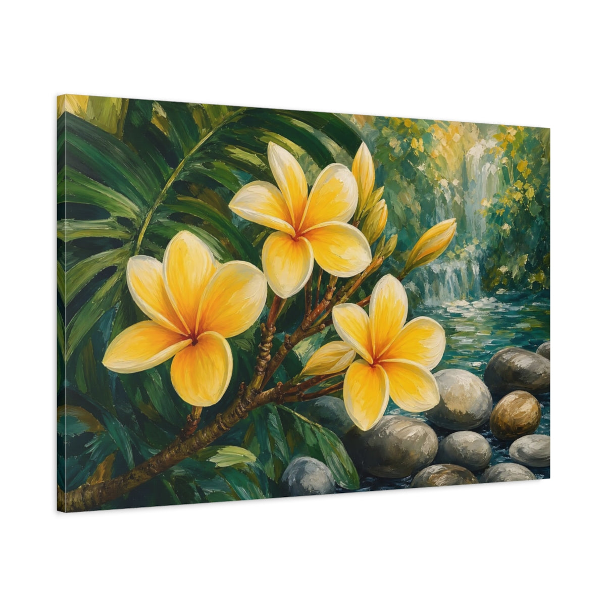 Main Mockup. Floral Frangipani Flowers Yellow Floral shown as stretched canvas wall art