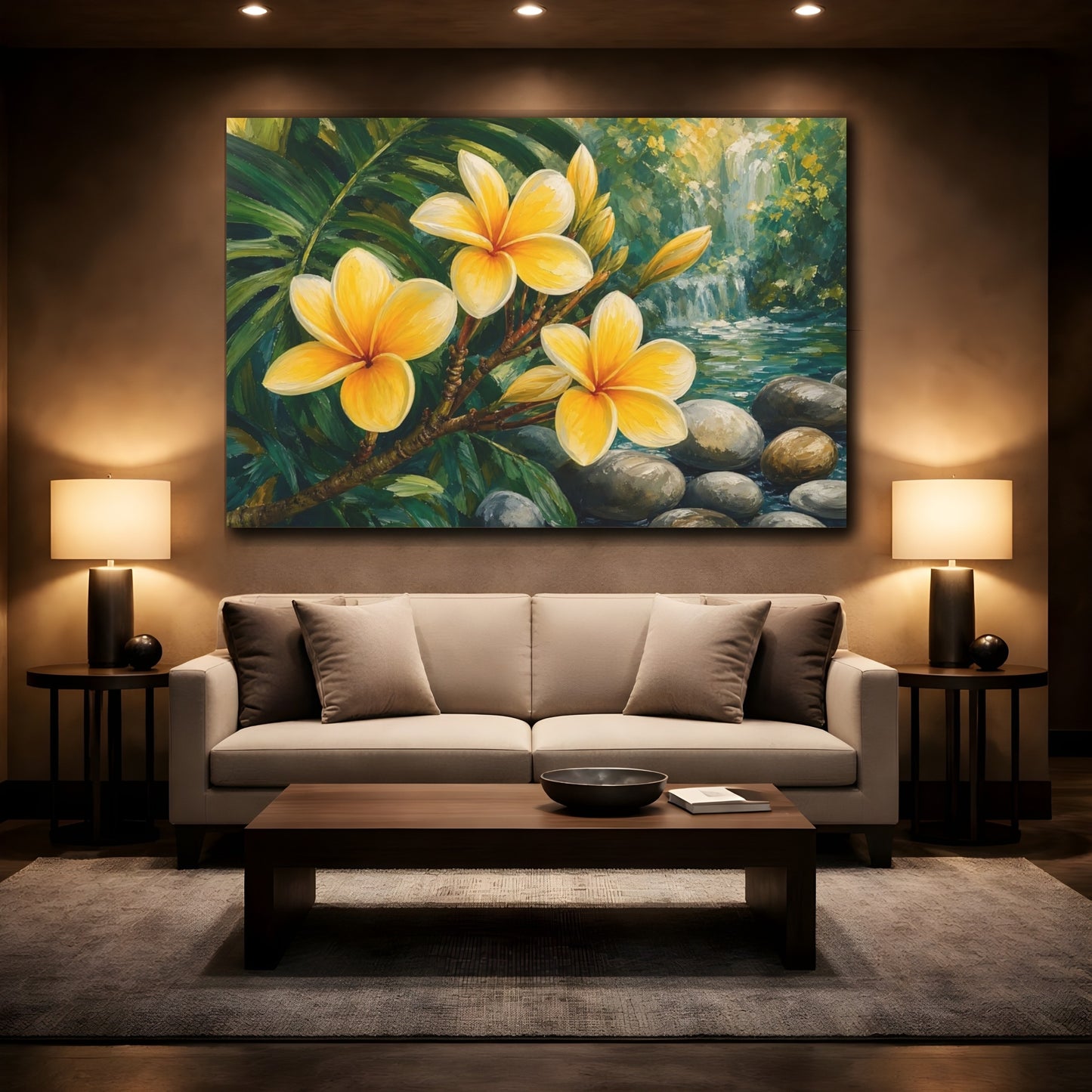 Mockup 2. Floral Frangipani Flowers Yellow Floral shown as stretched canvas wall art