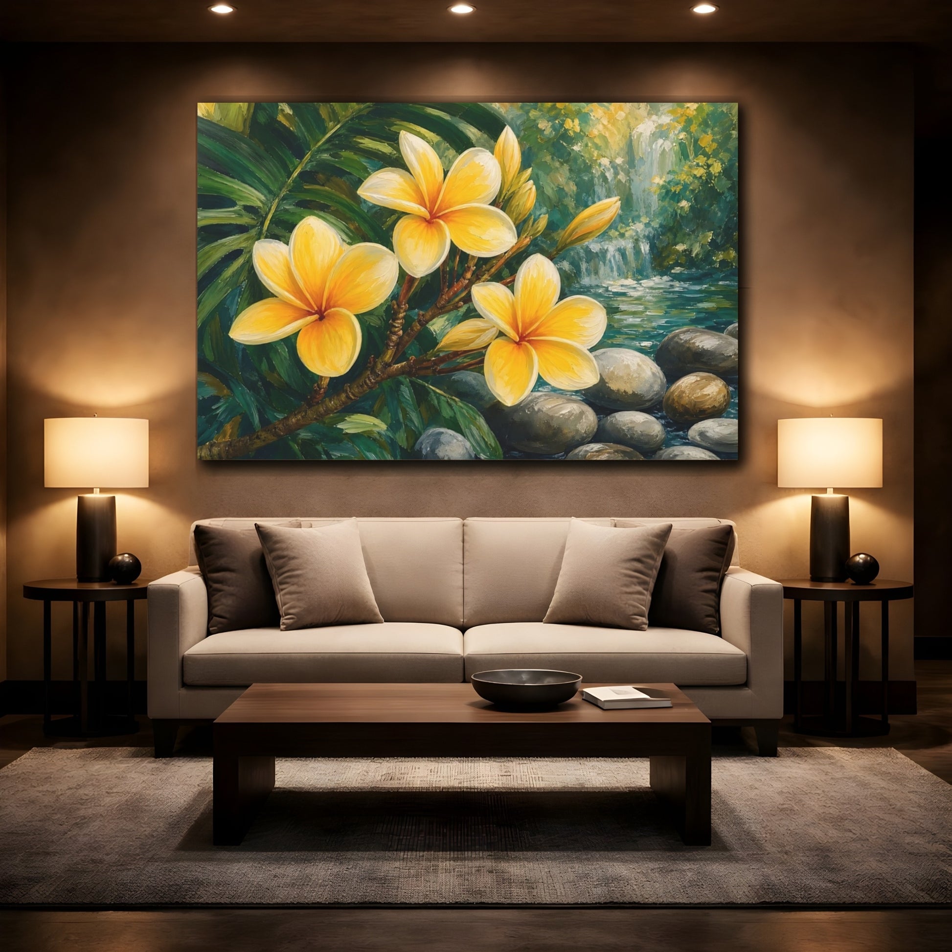 Mockup 2. Floral Frangipani Flowers Yellow Floral shown as stretched canvas wall art