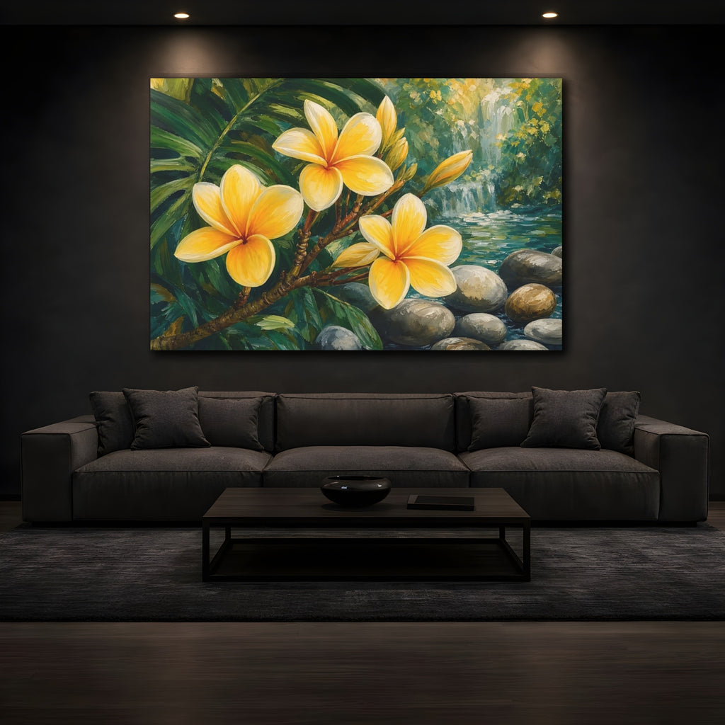 Mockup 3. Floral Frangipani Flowers Yellow Floral shown as stretched canvas wall art