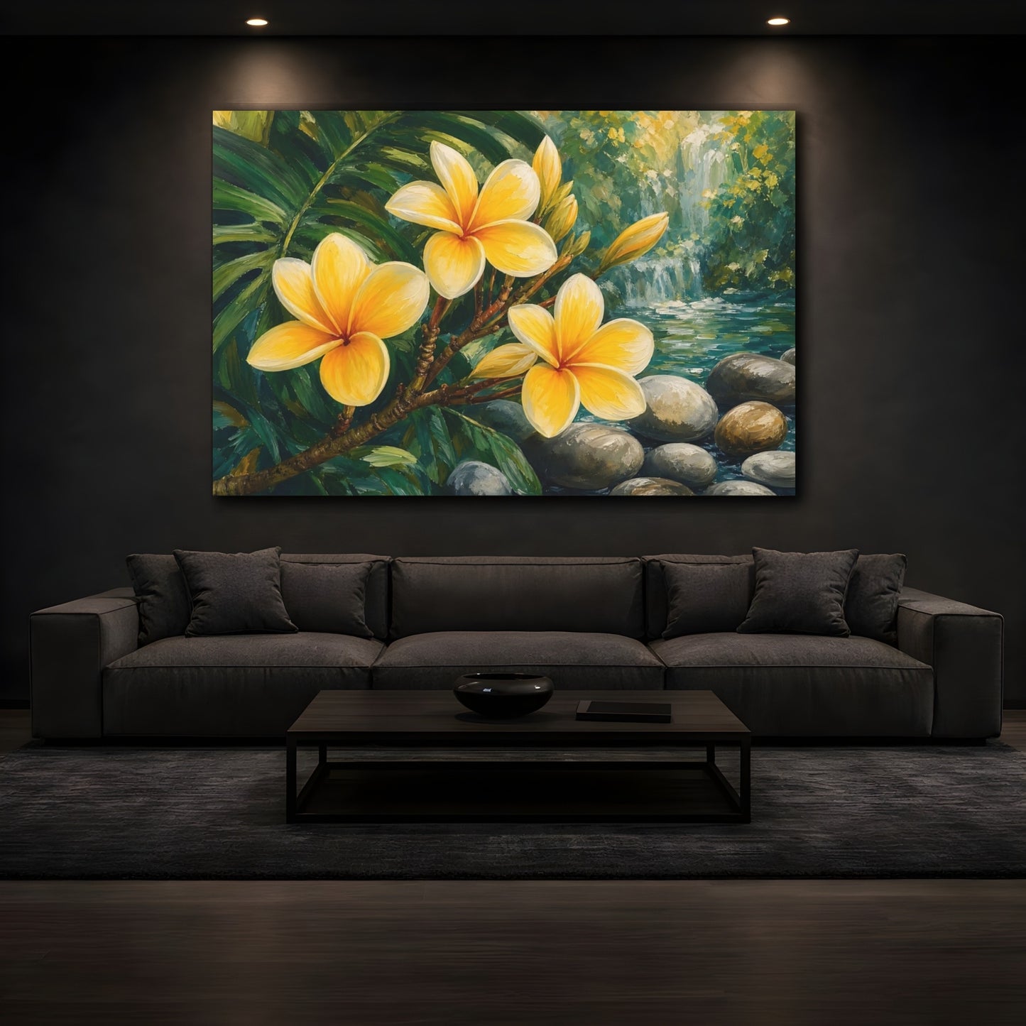 Mockup 3. Floral Frangipani Flowers Yellow Floral shown as stretched canvas wall art