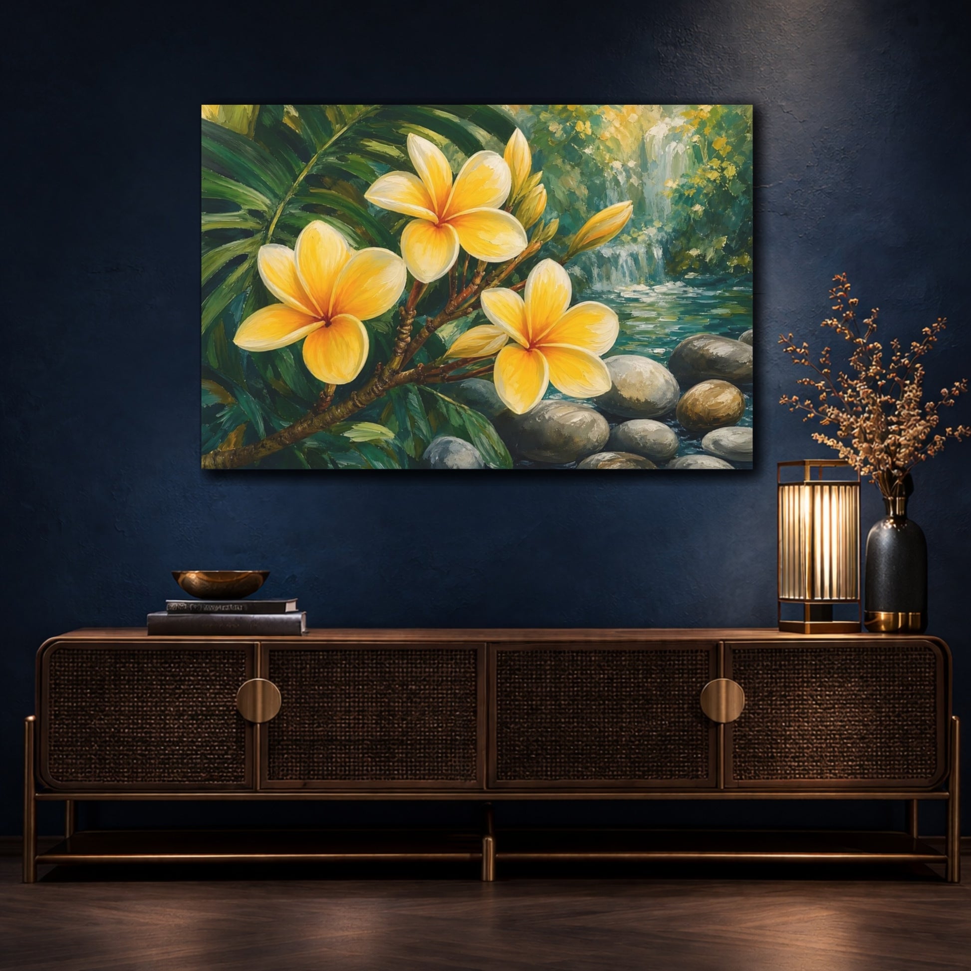 Mockup 4. Floral Frangipani Flowers Yellow Floral shown as stretched canvas wall art