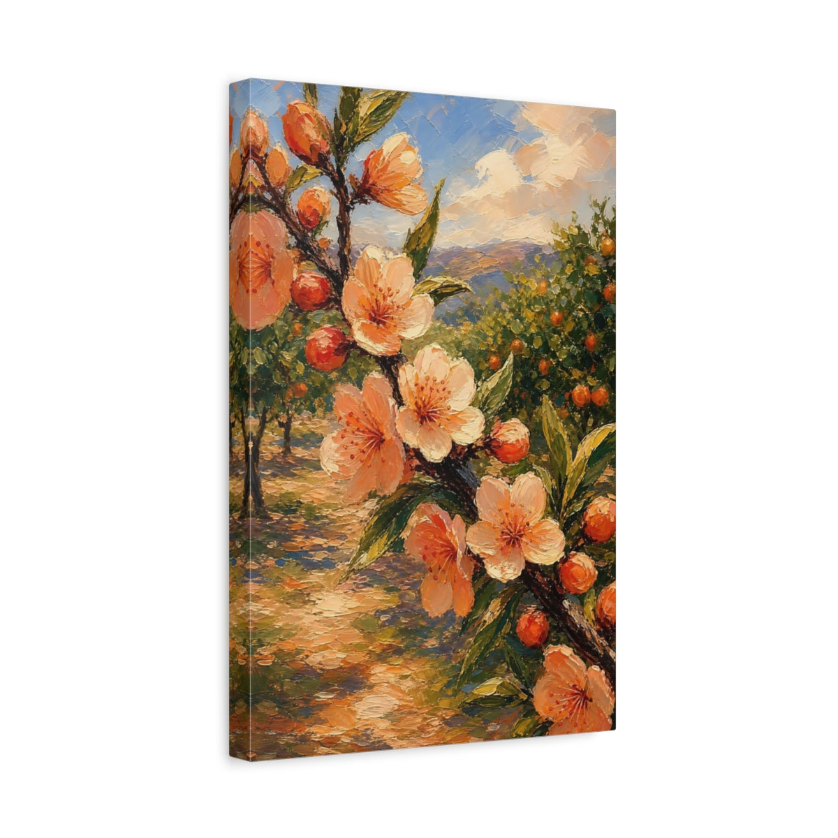Side Mockup 4. Floral Fruit Blossoms Peach Orchard View shown as stretched canvas wall art