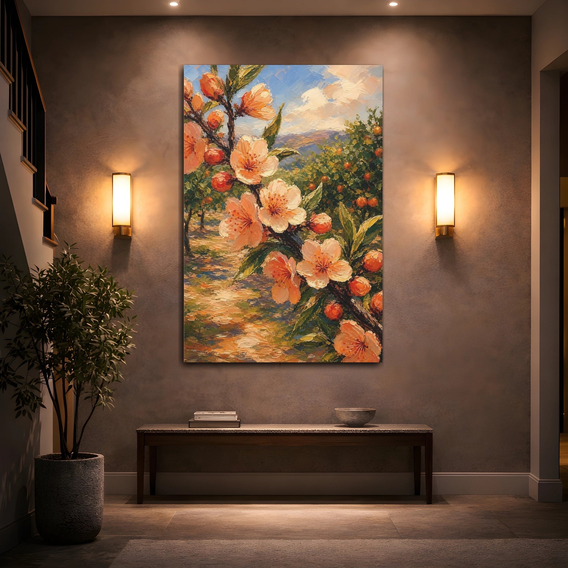Mockup 2. Floral Fruit Blossoms Peach Orchard View shown as stretched canvas wall art