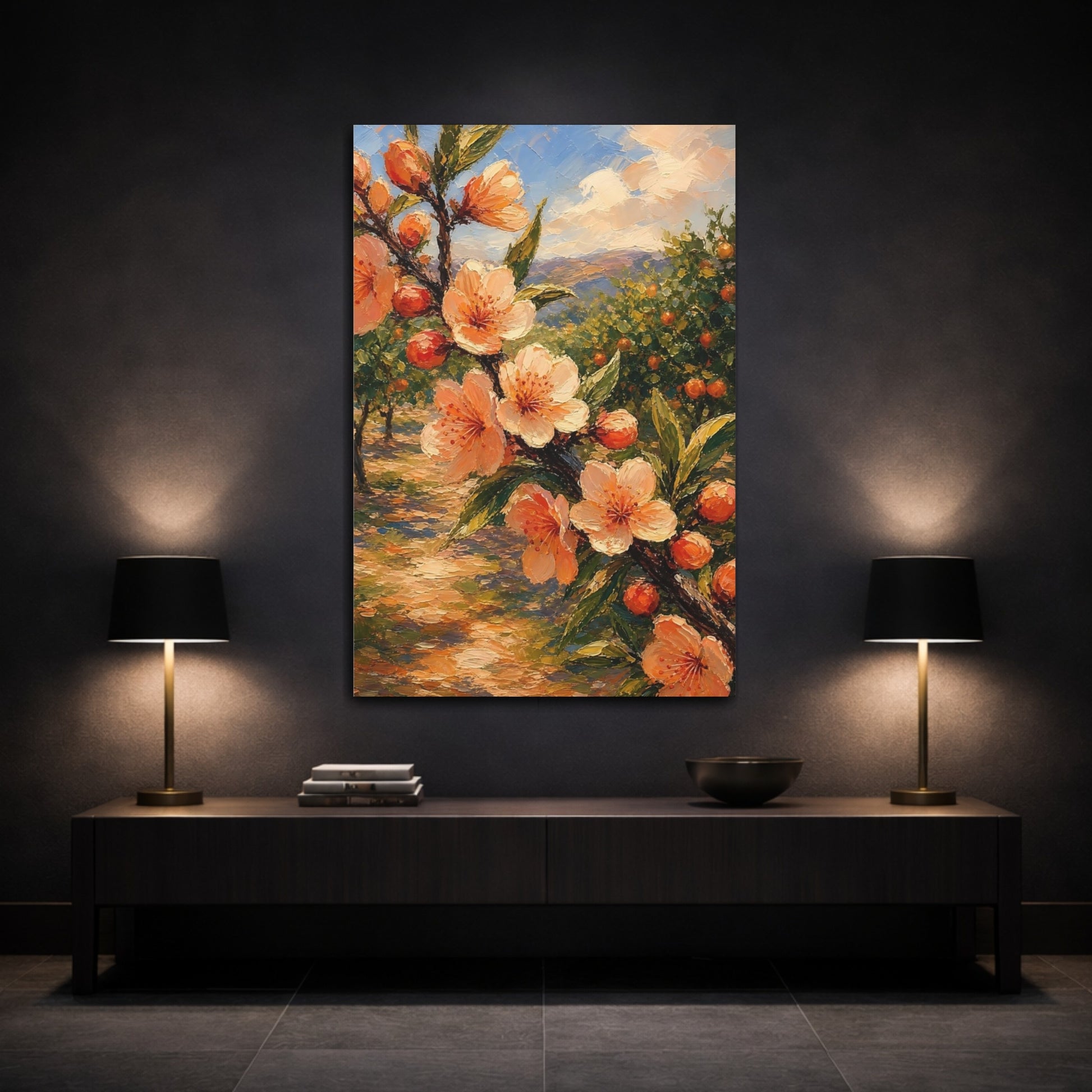 Mockup 3. Floral Fruit Blossoms Peach Orchard View shown as stretched canvas wall art
