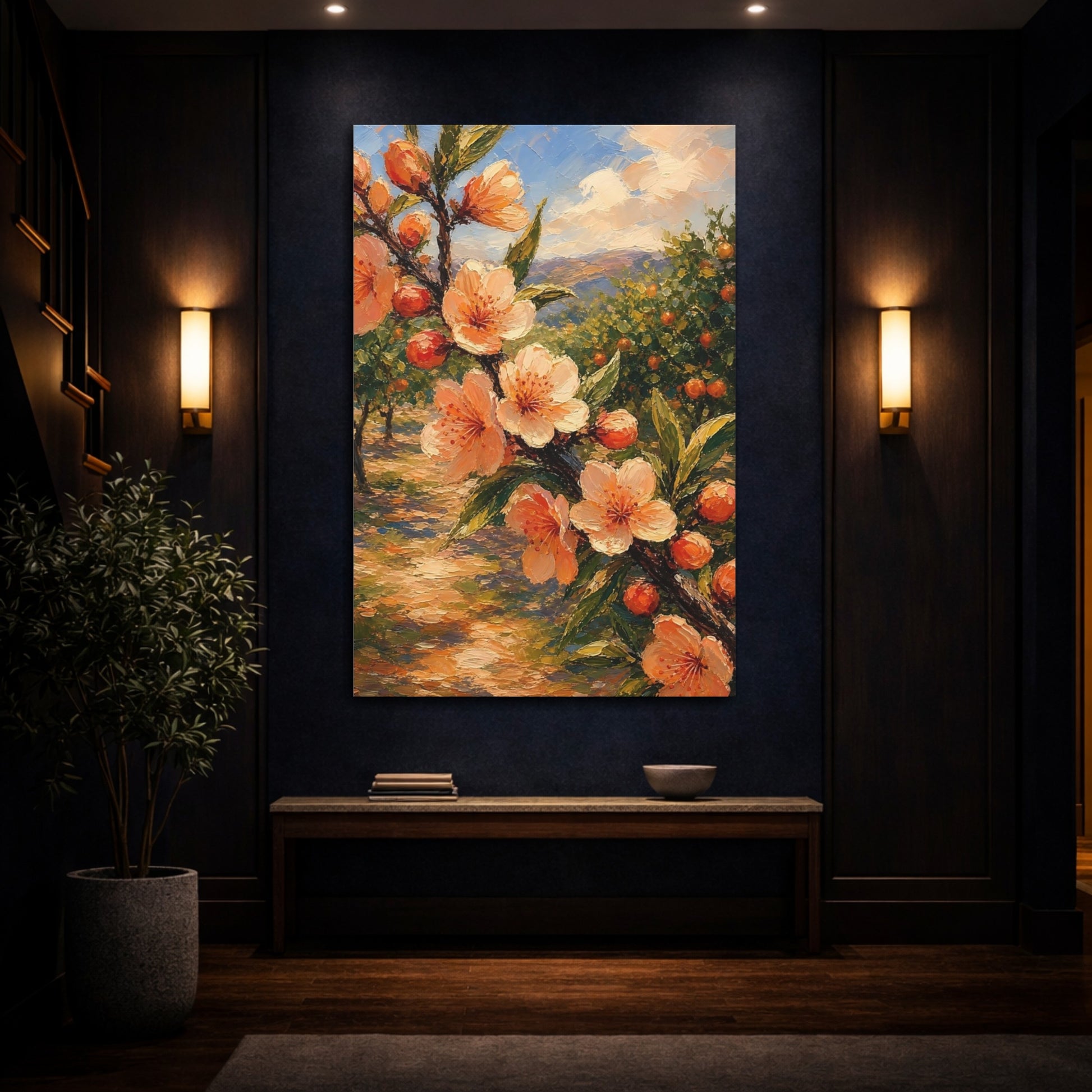 Mockup 4. Floral Fruit Blossoms Peach Orchard View shown as stretched canvas wall art
