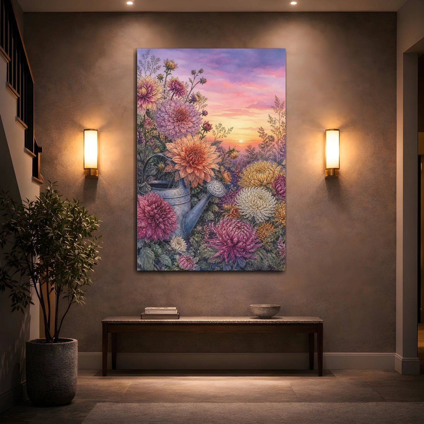Mockup 2. Floral Garden Flowers Floral Sunset Garden shown as stretched canvas wall art