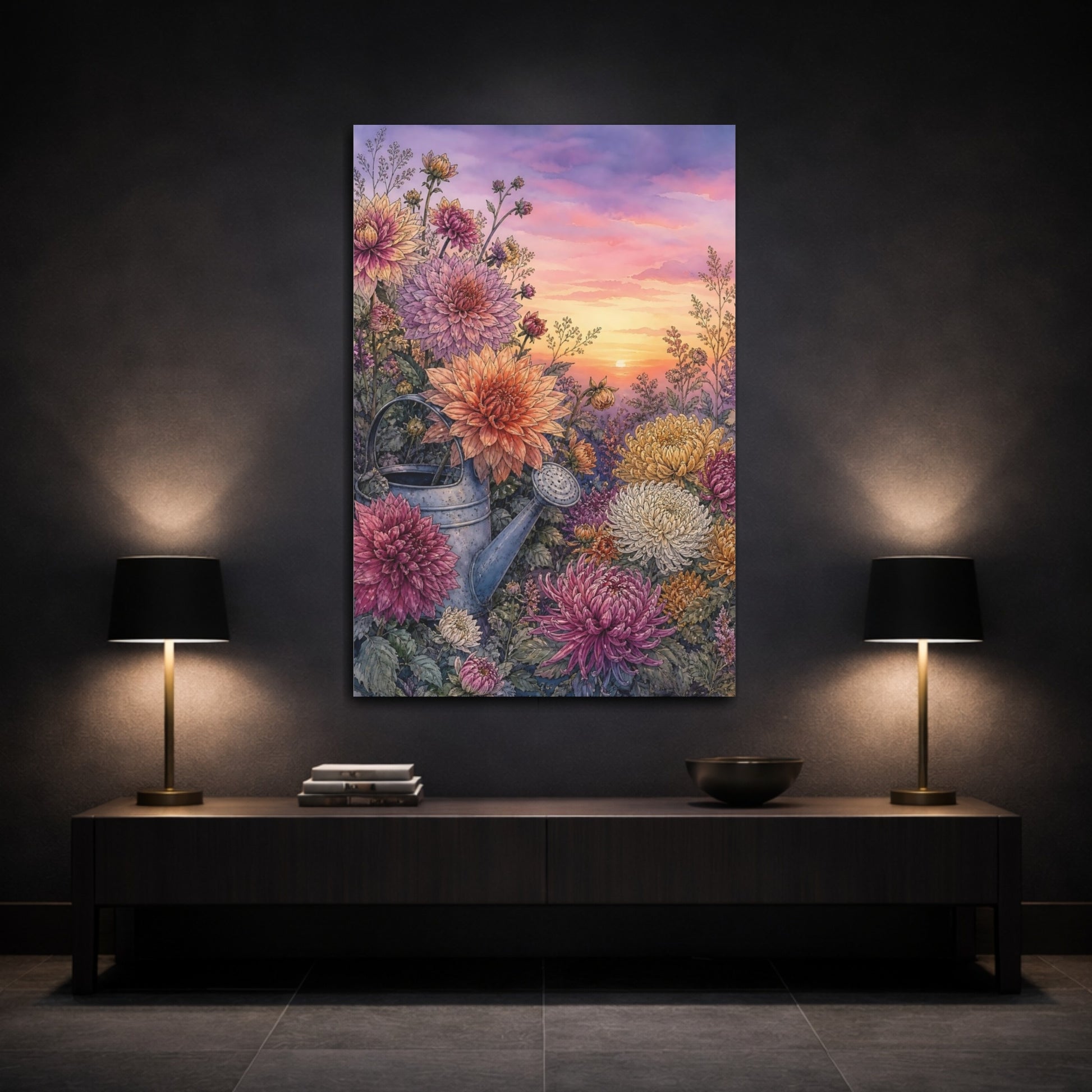 Mockup 3. Floral Garden Flowers Floral Sunset Garden shown as stretched canvas wall art