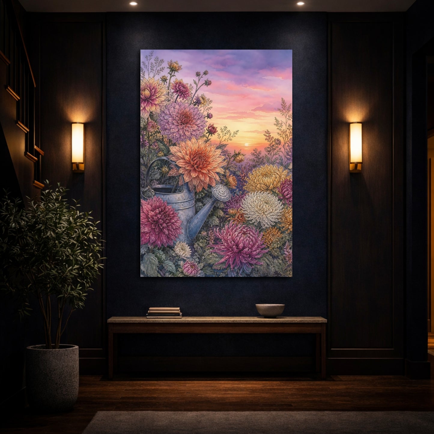 Mockup 4. Floral Garden Flowers Floral Sunset Garden shown as stretched canvas wall art