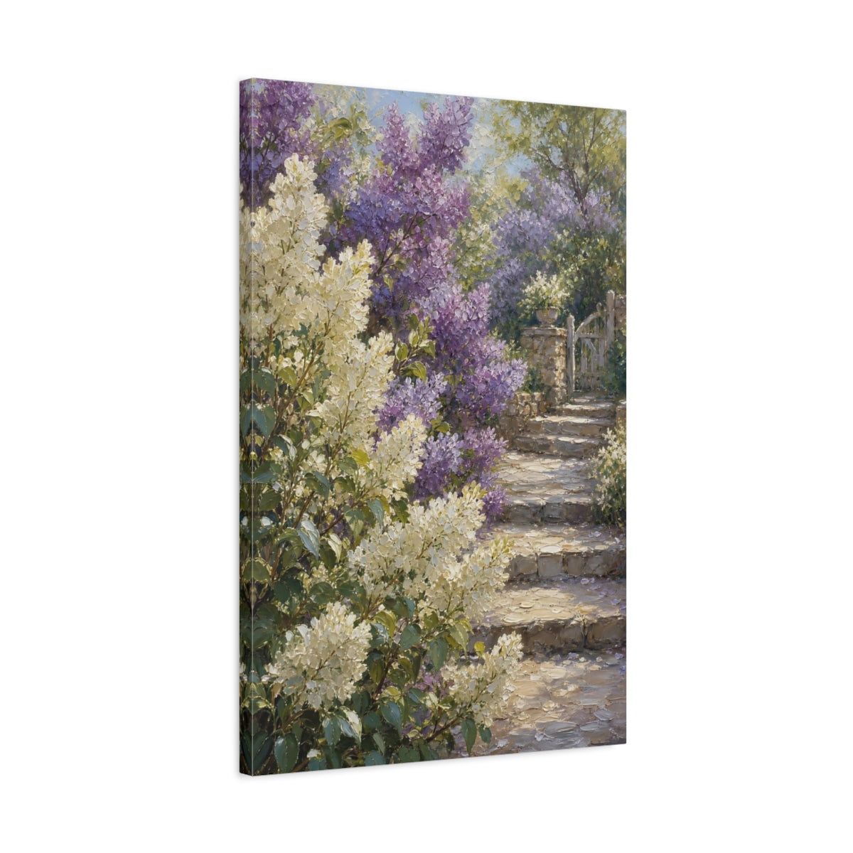 Side Mockup 2. Floral Garden Flowers Purple And White Garden shown as stretched canvas wall art