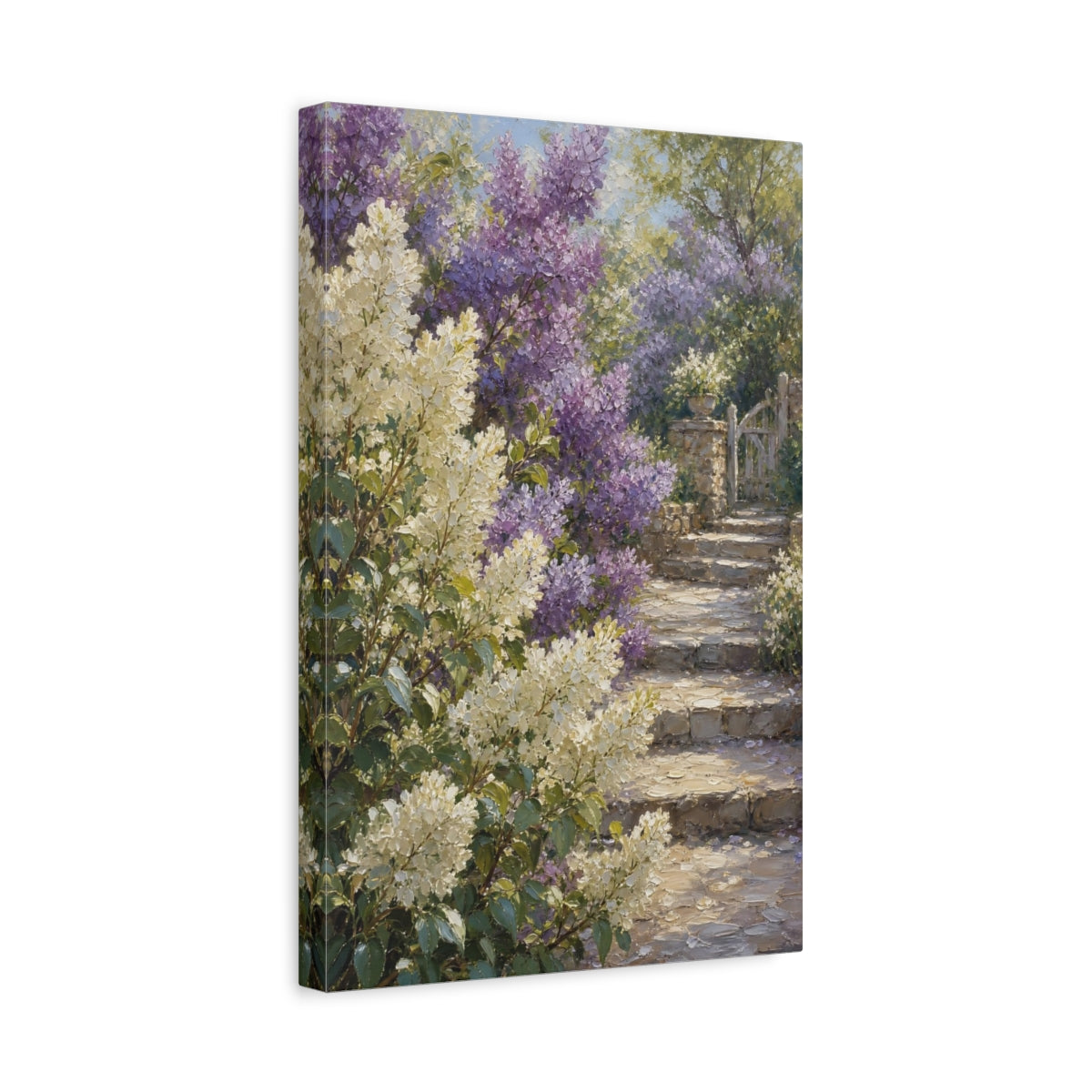 Side Mockup 4. Floral Garden Flowers Purple And White Garden shown as stretched canvas wall art