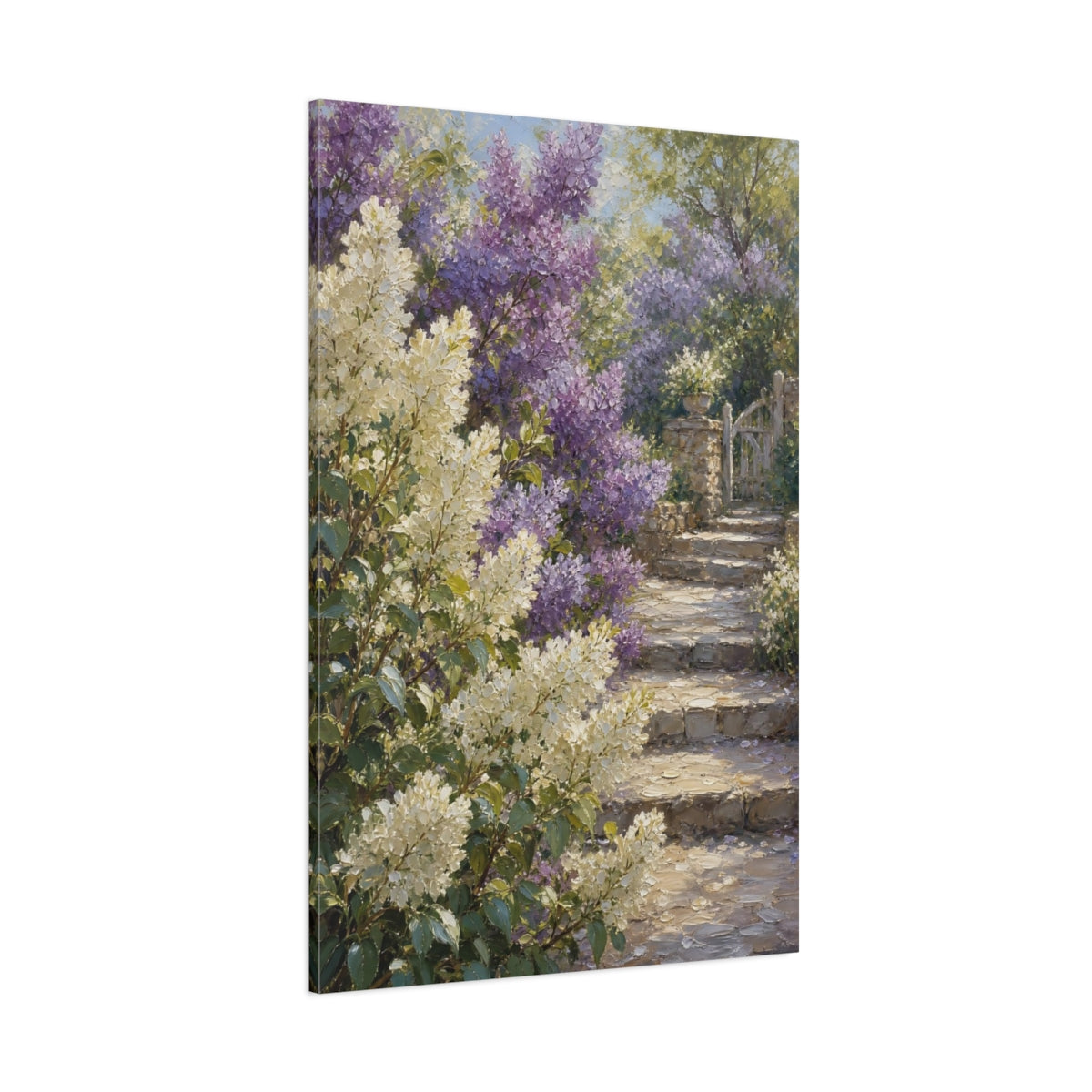 Side Mockup 1. Floral Garden Flowers Purple And White Garden shown as stretched canvas wall art