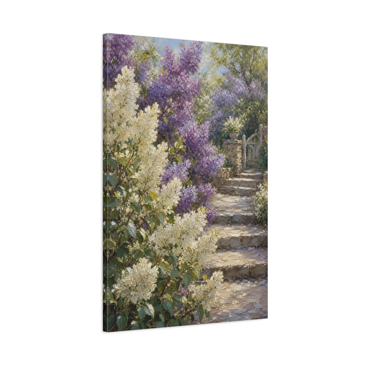Main Mockup. Floral Garden Flowers Purple And White Garden shown as stretched canvas wall art