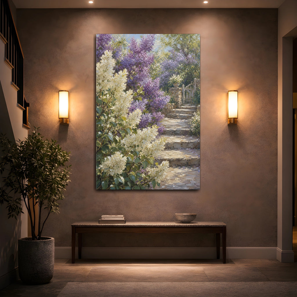 Mockup 2. Floral Garden Flowers Purple And White Garden shown as stretched canvas wall art