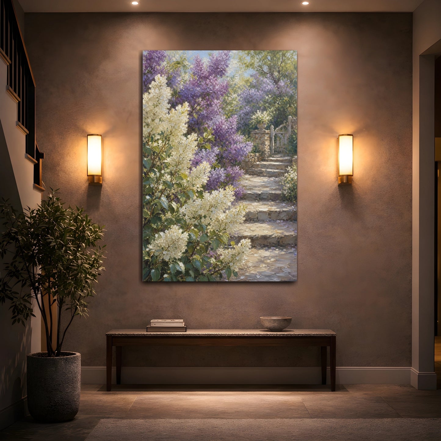 Mockup 2. Floral Garden Flowers Purple And White Garden shown as stretched canvas wall art