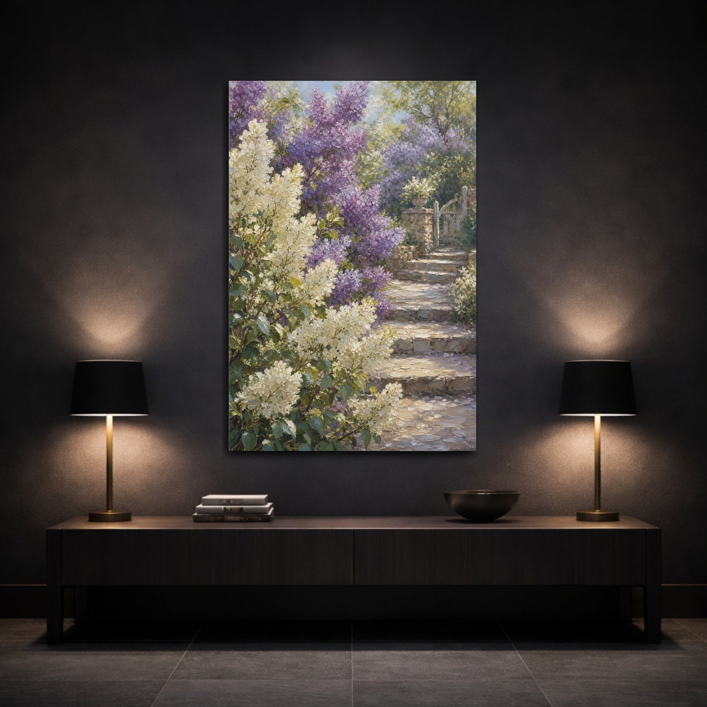 Mockup 3. Floral Garden Flowers Purple And White Garden shown as stretched canvas wall art