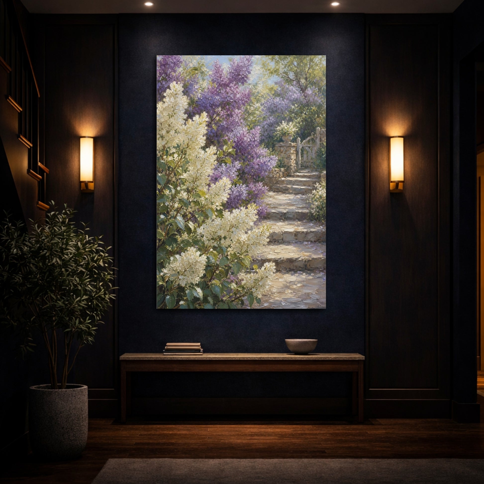 Mockup 4. Floral Garden Flowers Purple And White Garden shown as stretched canvas wall art