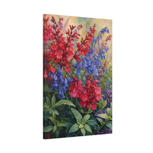 Main Mockup. Floral Garden Flowers Red Blue Flowers shown as stretched canvas wall art