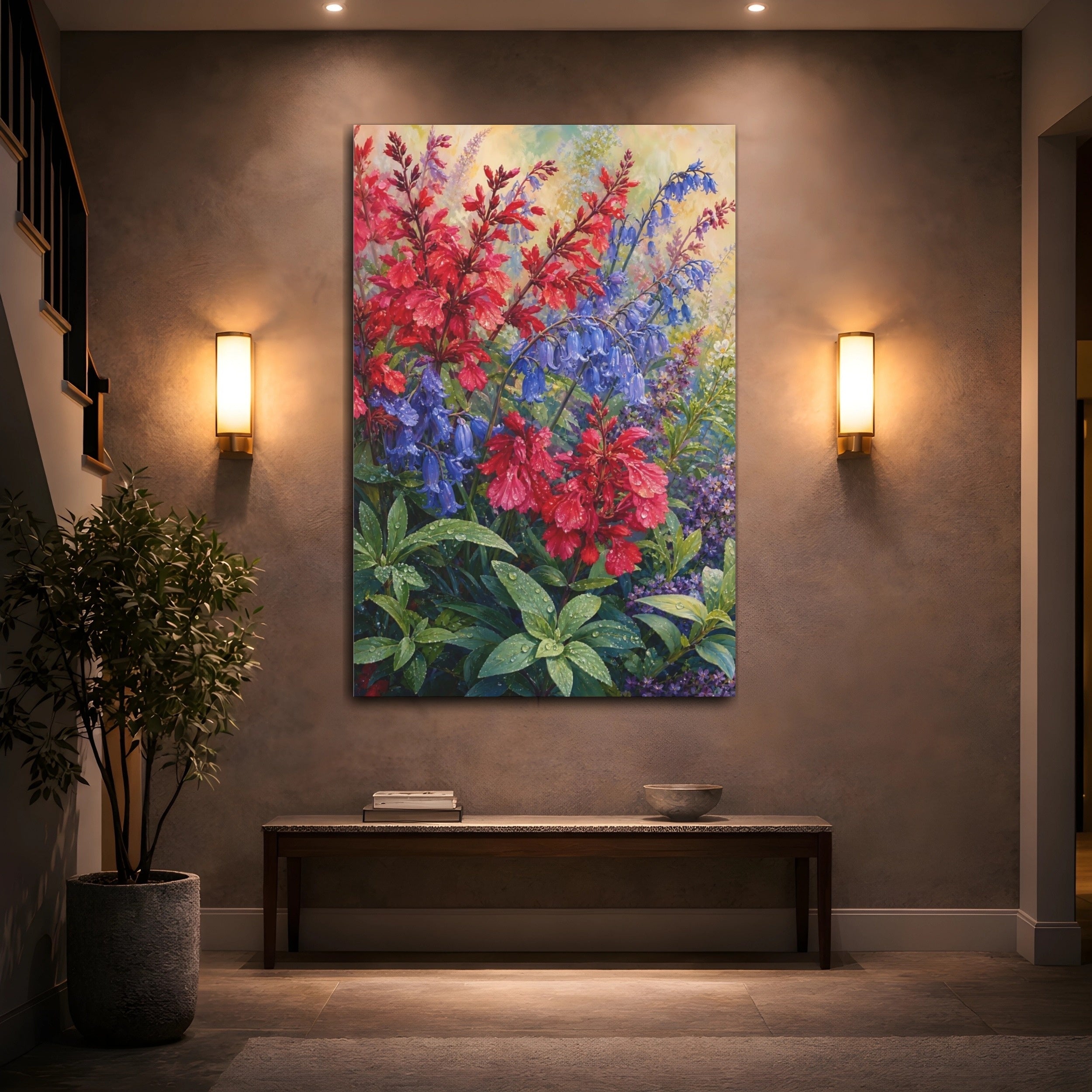 Mockup 2. Floral Garden Flowers Red Blue Flowers shown as stretched canvas wall art