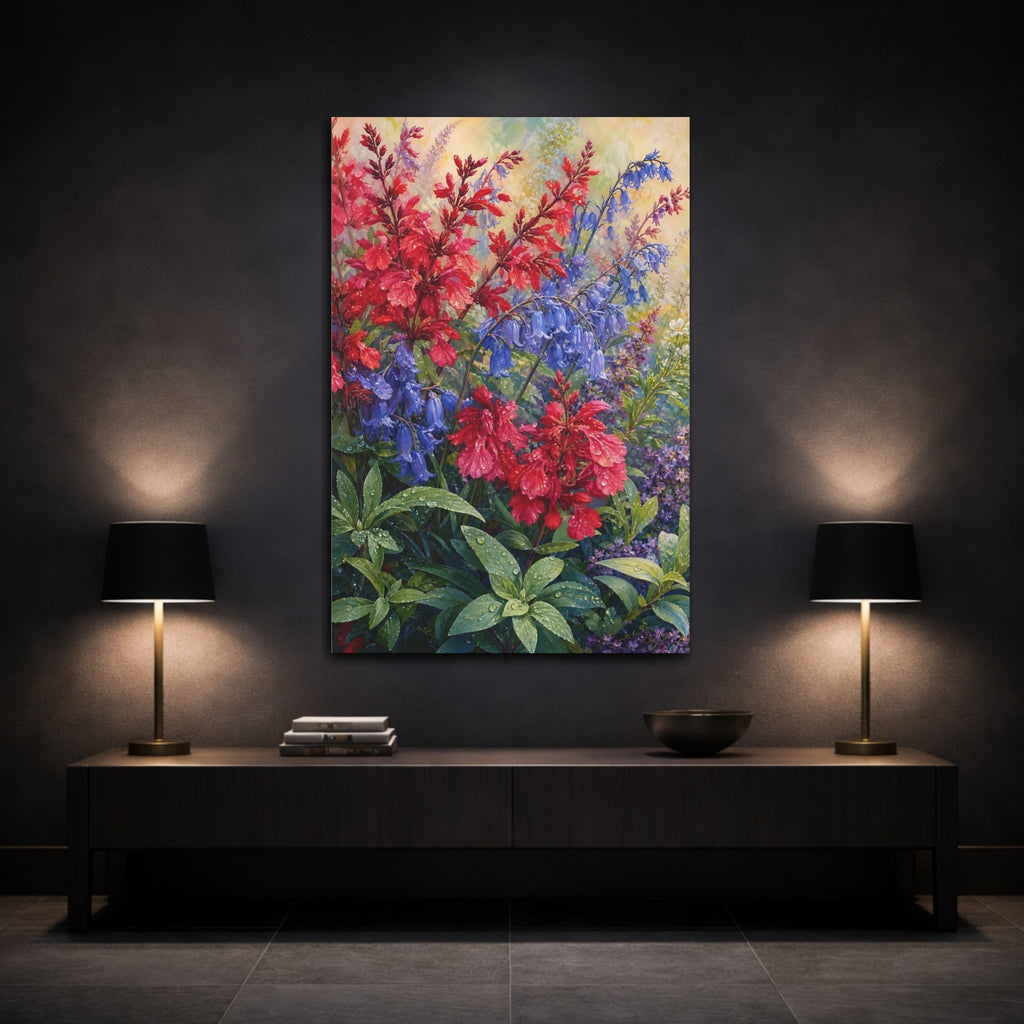Mockup 3. Floral Garden Flowers Red Blue Flowers shown as stretched canvas wall art