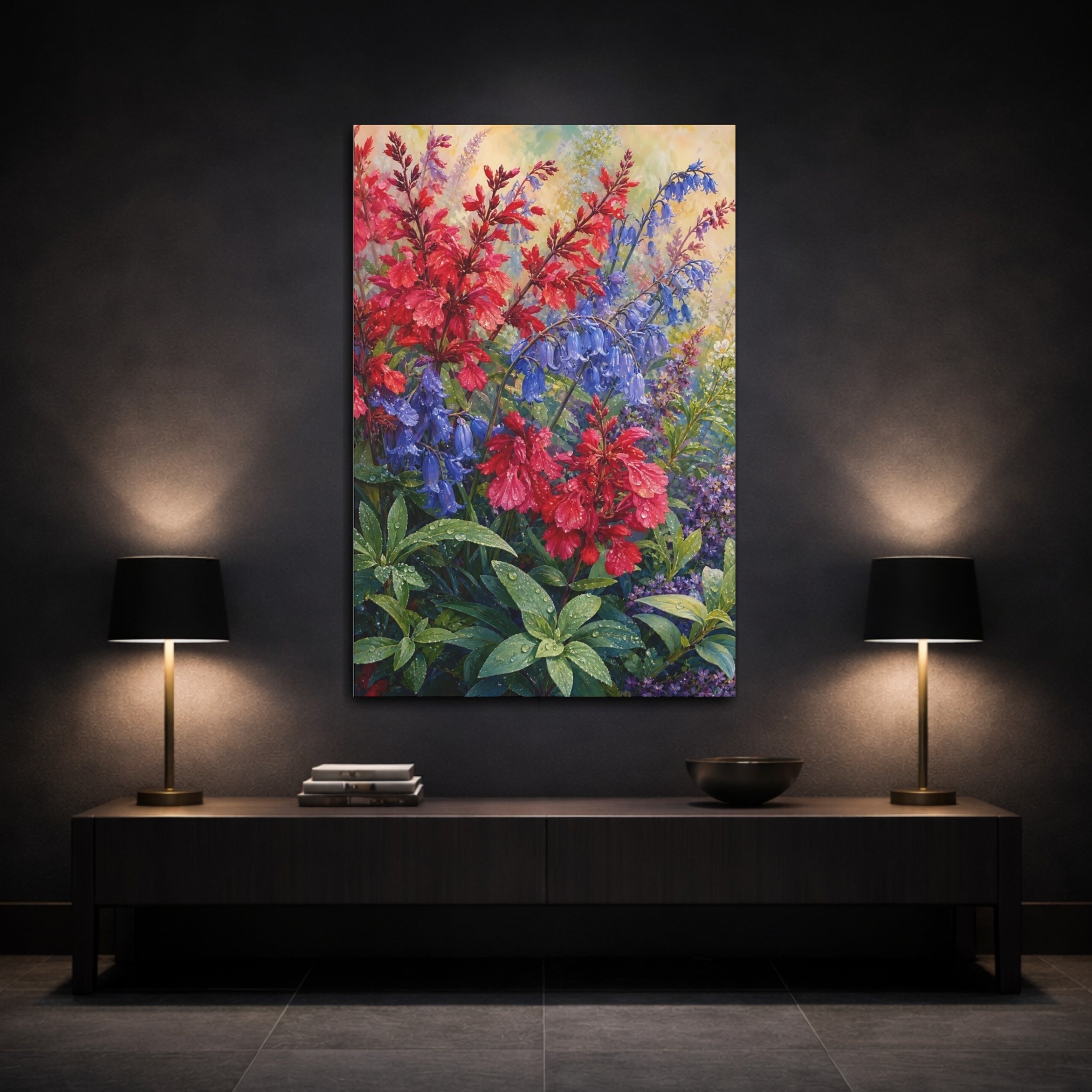 Mockup 3. Floral Garden Flowers Red Blue Flowers shown as stretched canvas wall art