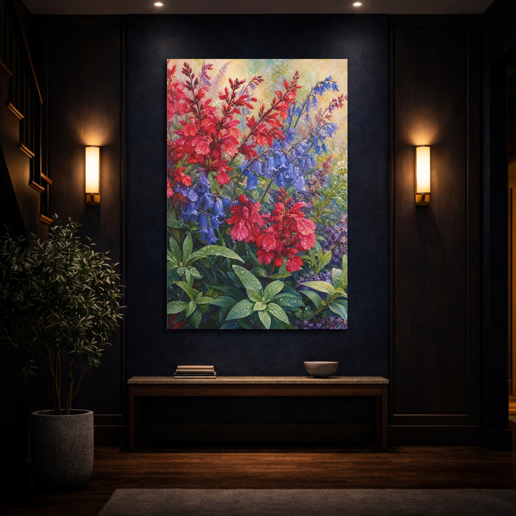 Mockup 4. Floral Garden Flowers Red Blue Flowers shown as stretched canvas wall art