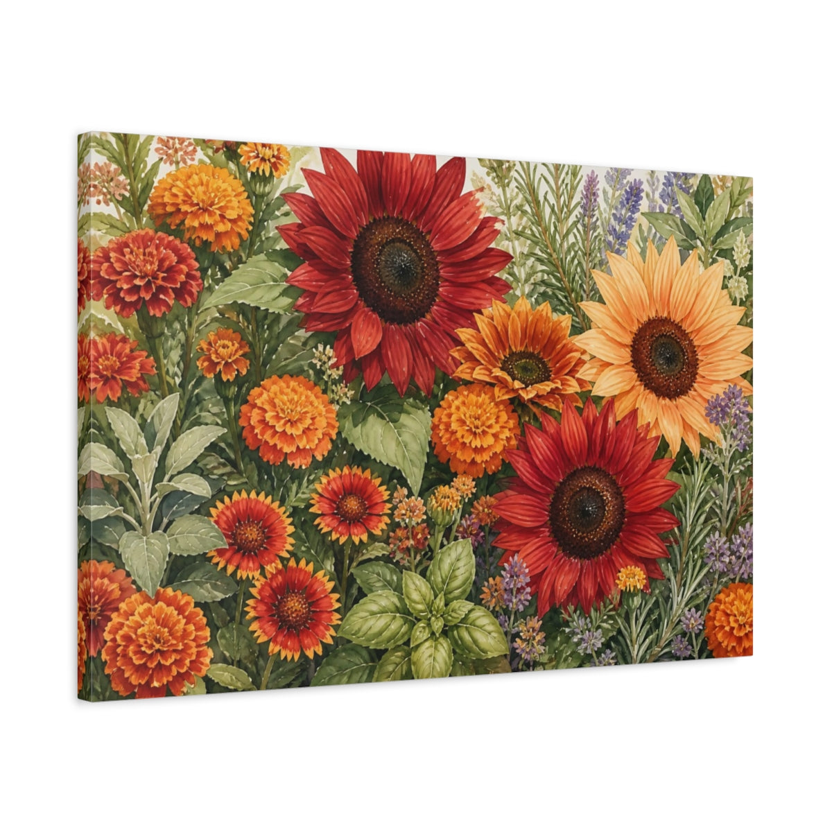 Side Mockup 2. Floral Garden Flowers Red Orange Floral shown as stretched canvas wall art