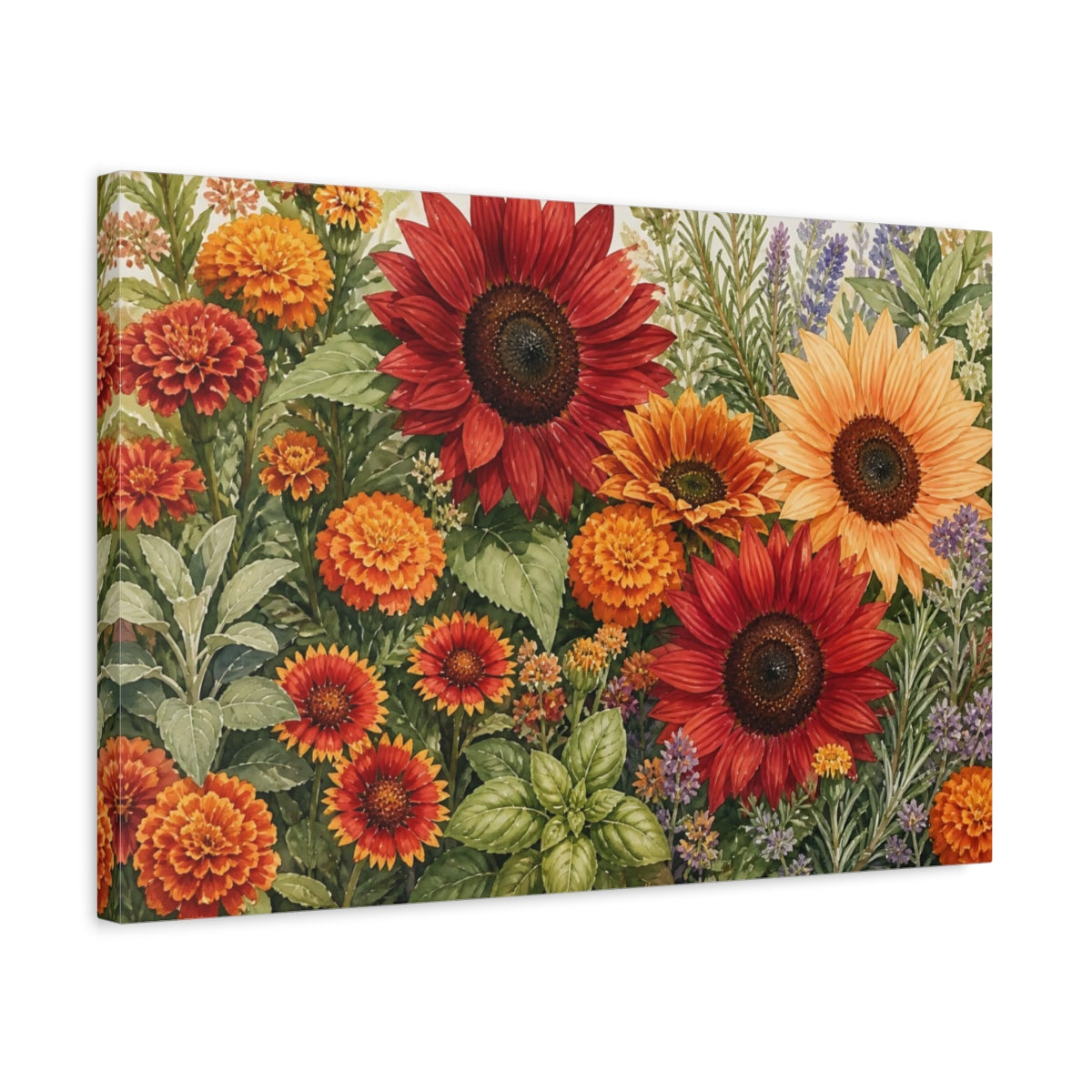 Side Mockup 3. Floral Garden Flowers Red Orange Floral shown as stretched canvas wall art