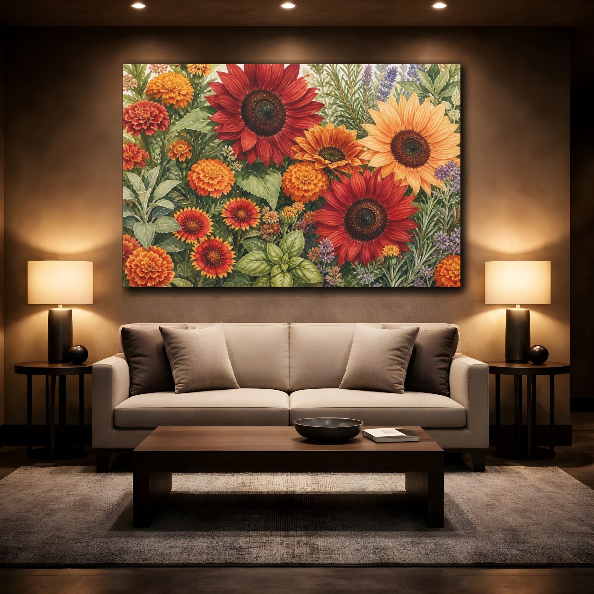 Mockup 2. Floral Garden Flowers Red Orange Floral shown as stretched canvas wall art