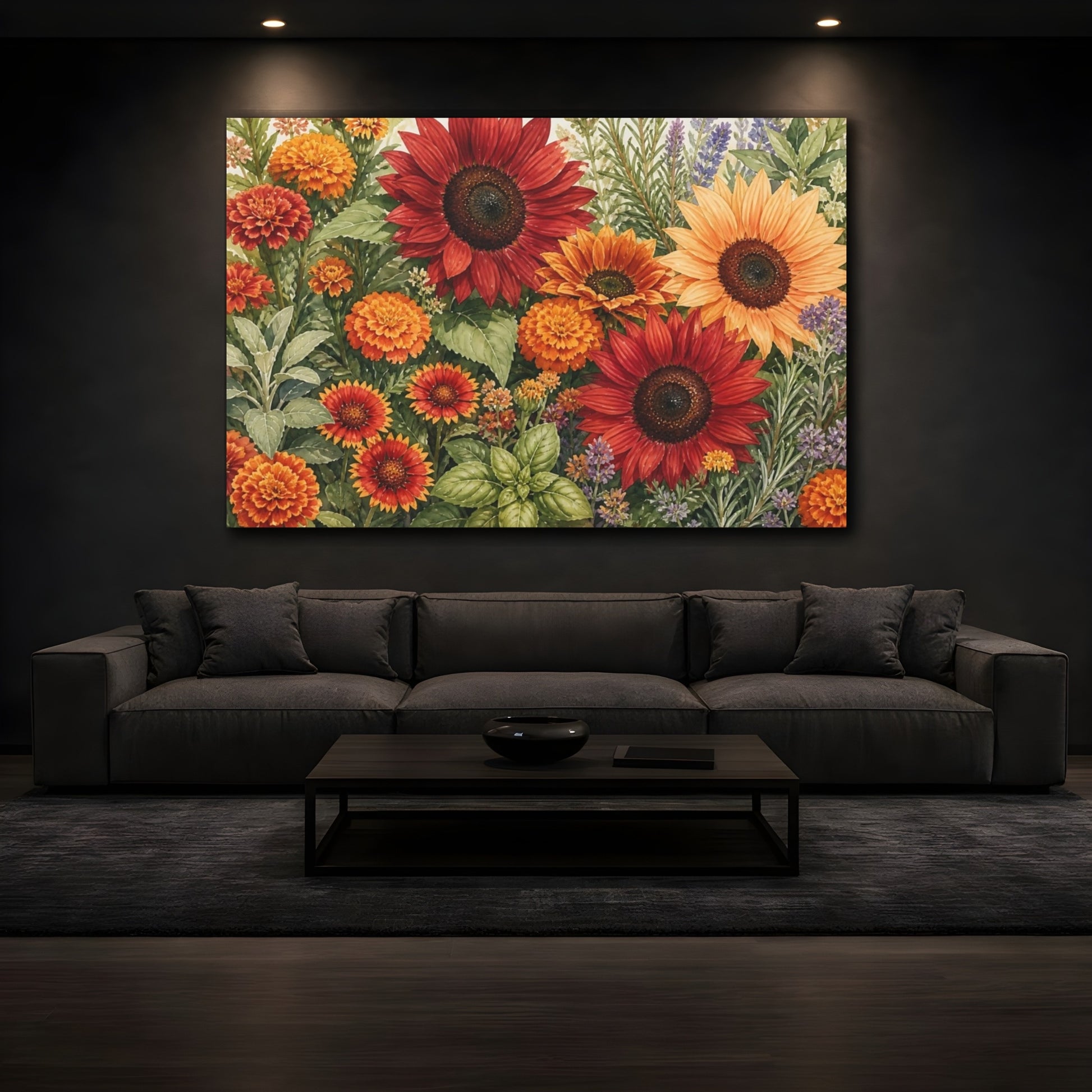 Mockup 3. Floral Garden Flowers Red Orange Floral shown as stretched canvas wall art
