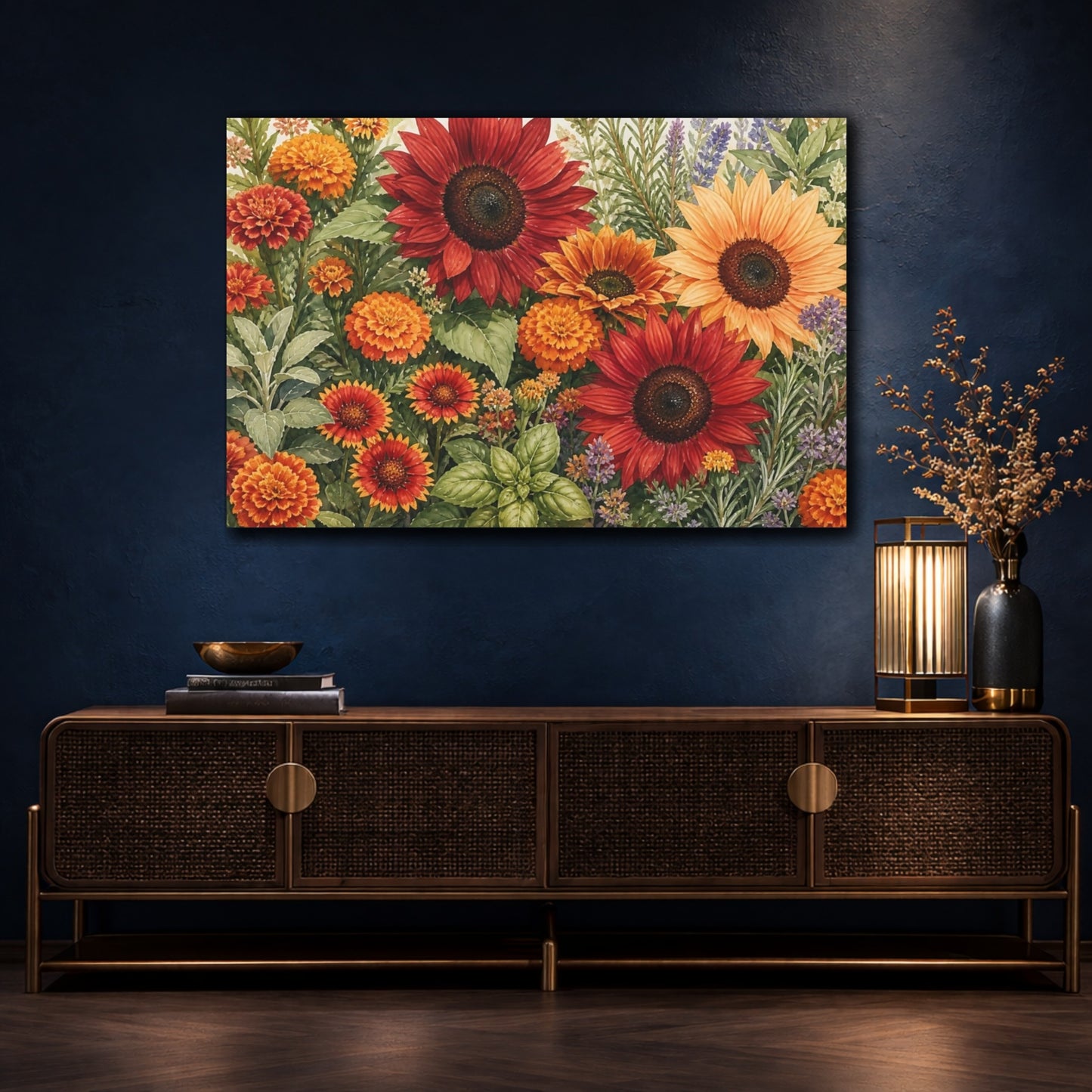 Mockup 4. Floral Garden Flowers Red Orange Floral shown as stretched canvas wall art