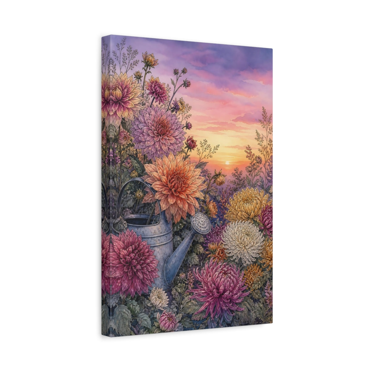 Side Mockup 4. Floral Garden Flowers Floral Sunset Garden shown as stretched canvas wall art