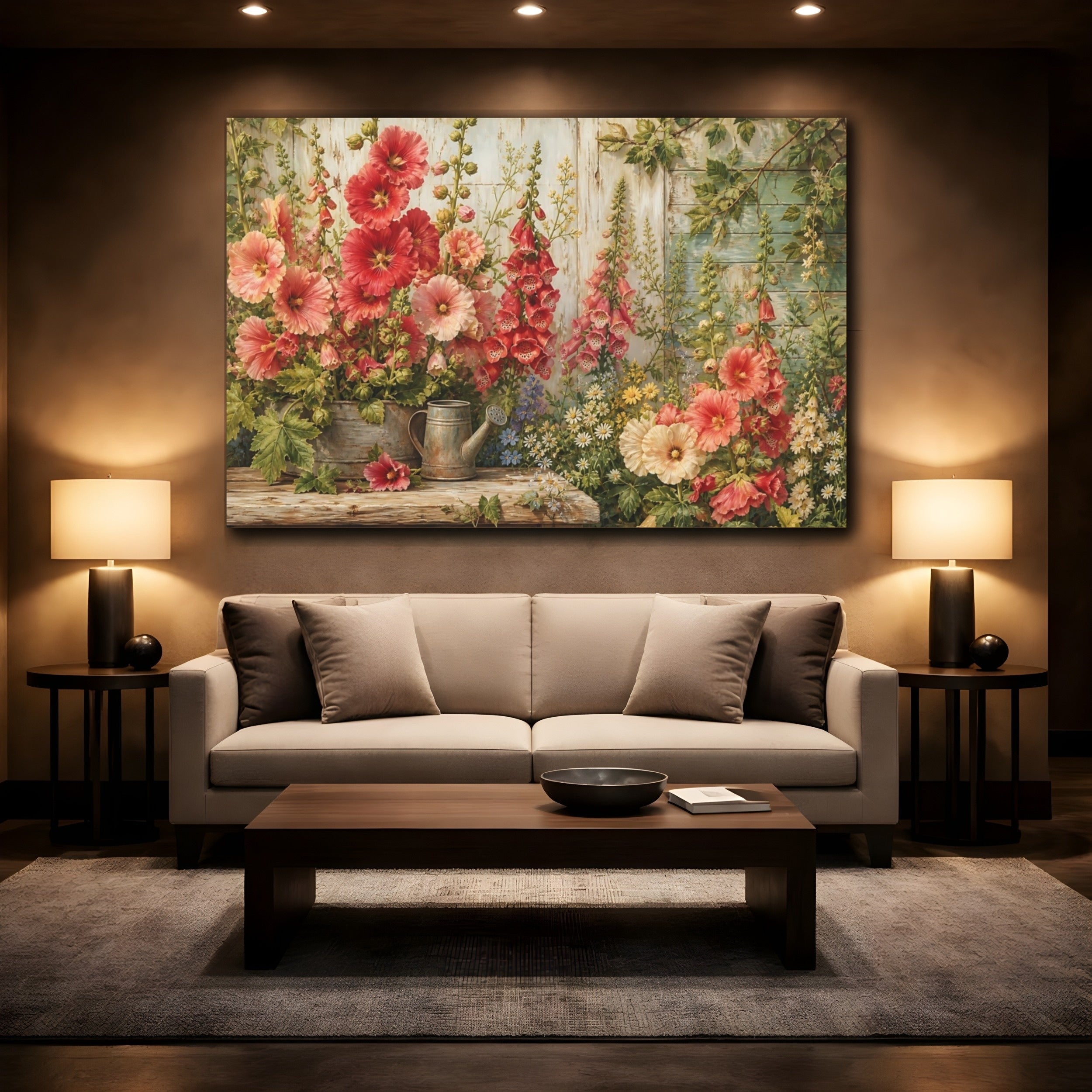 Mockup 2. Floral Garden Flowers Vibrant Garden Floral shown as stretched canvas wall art