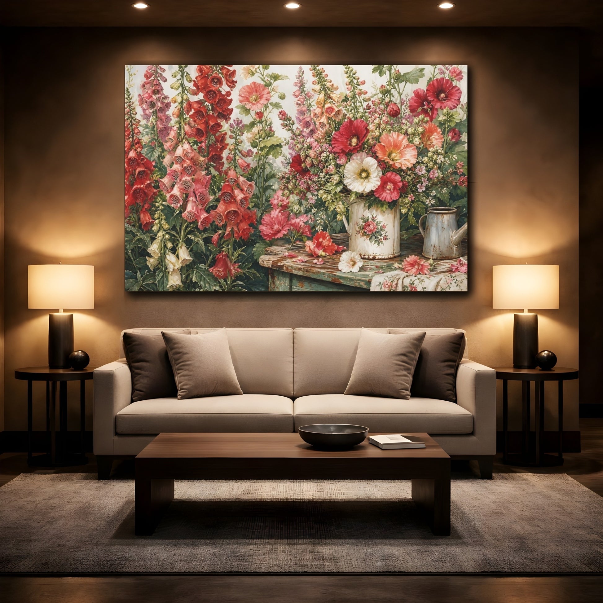 Mockup 2. Floral Garden Flowers Vintage Floral shown as stretched canvas wall art